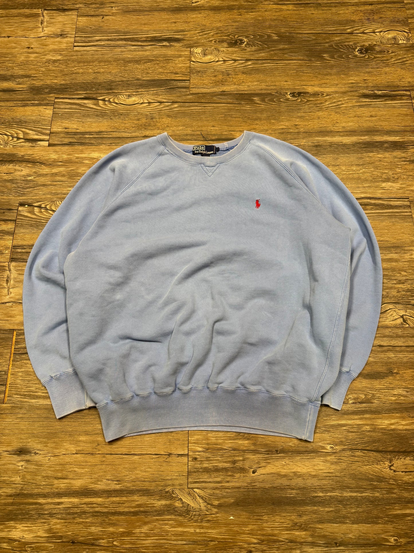 POLO RALPH LAUREN BABY BLUE 90s BOXY FADED CREWNECK (L)