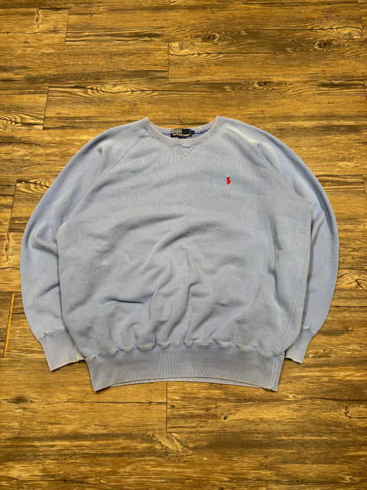 POLO RALPH LAUREN BABY BLUE 90s BOXY FADED CREWNECK (L)