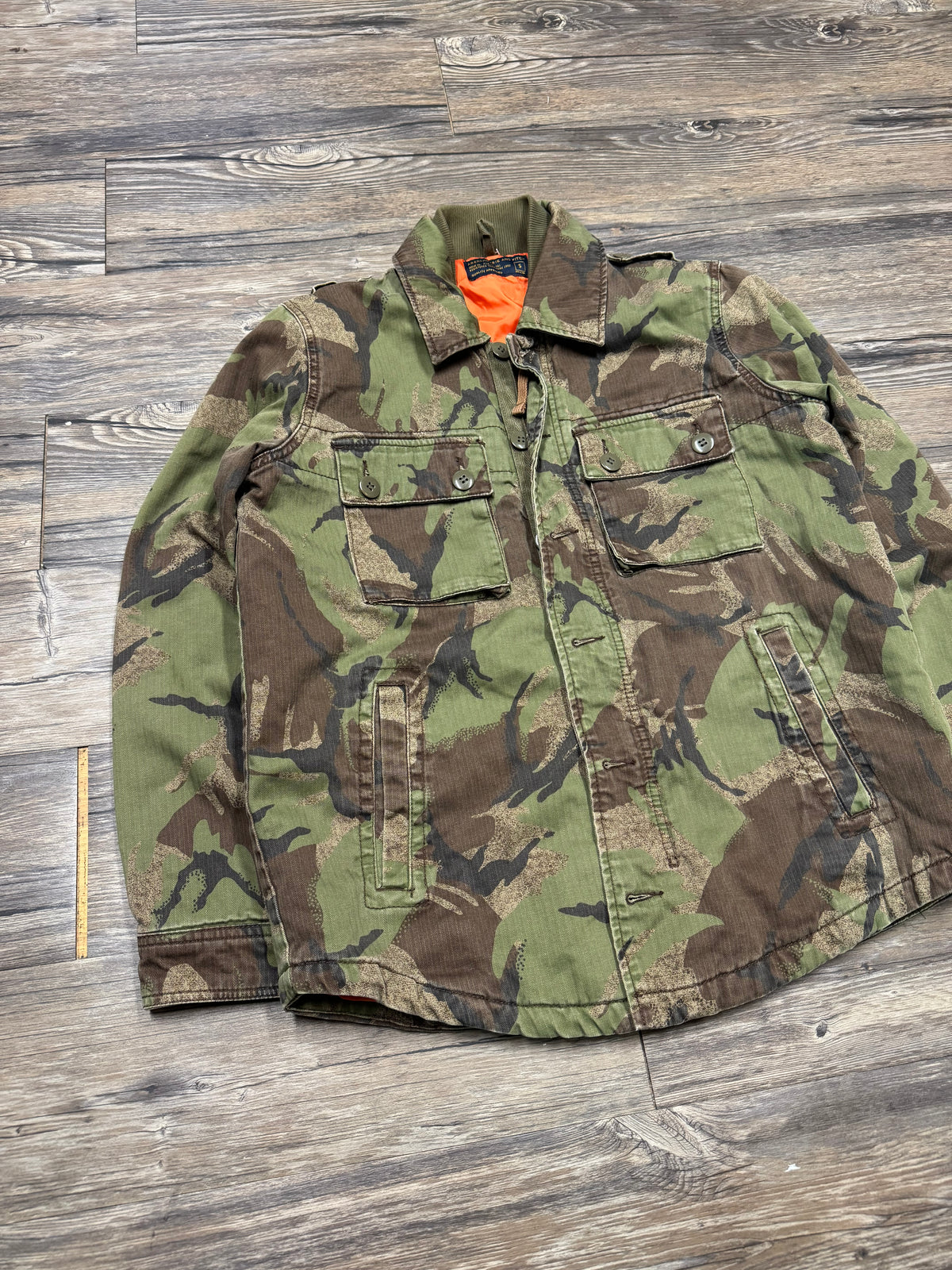 ABERCROMBIE & FITCH CAMO ORANGE LINED HUNTING JACKET (S)