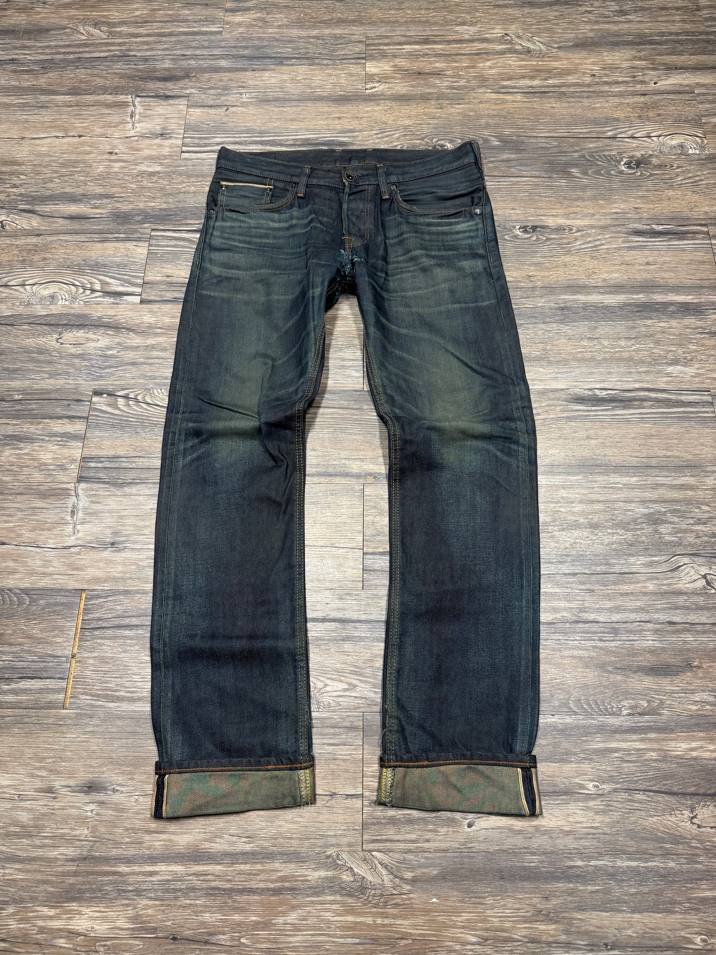 EDWINS INDIGO WASHED SELVEDGE REPAIRED JEANS (31x33)