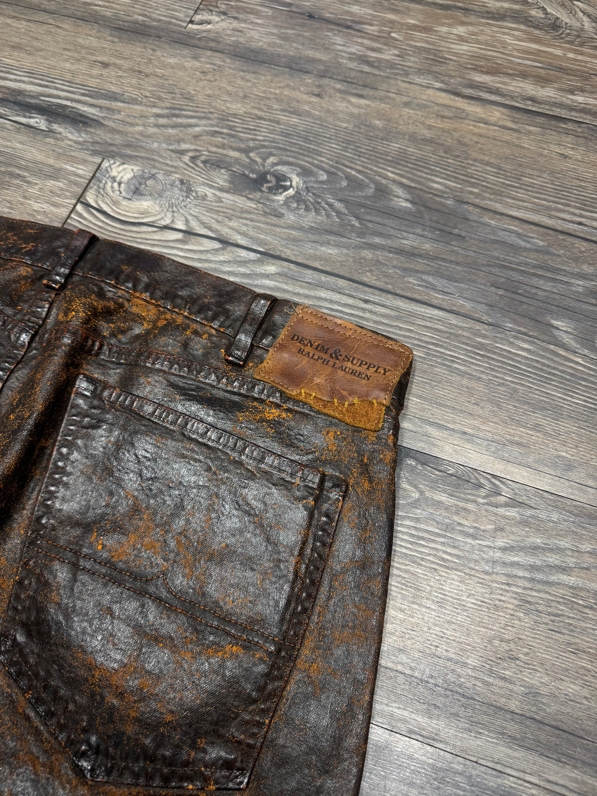 POLO RALPH LAUREN DENIM & SUPPLY WAXED CRACKED BROWN LEATHER PANTS (36)