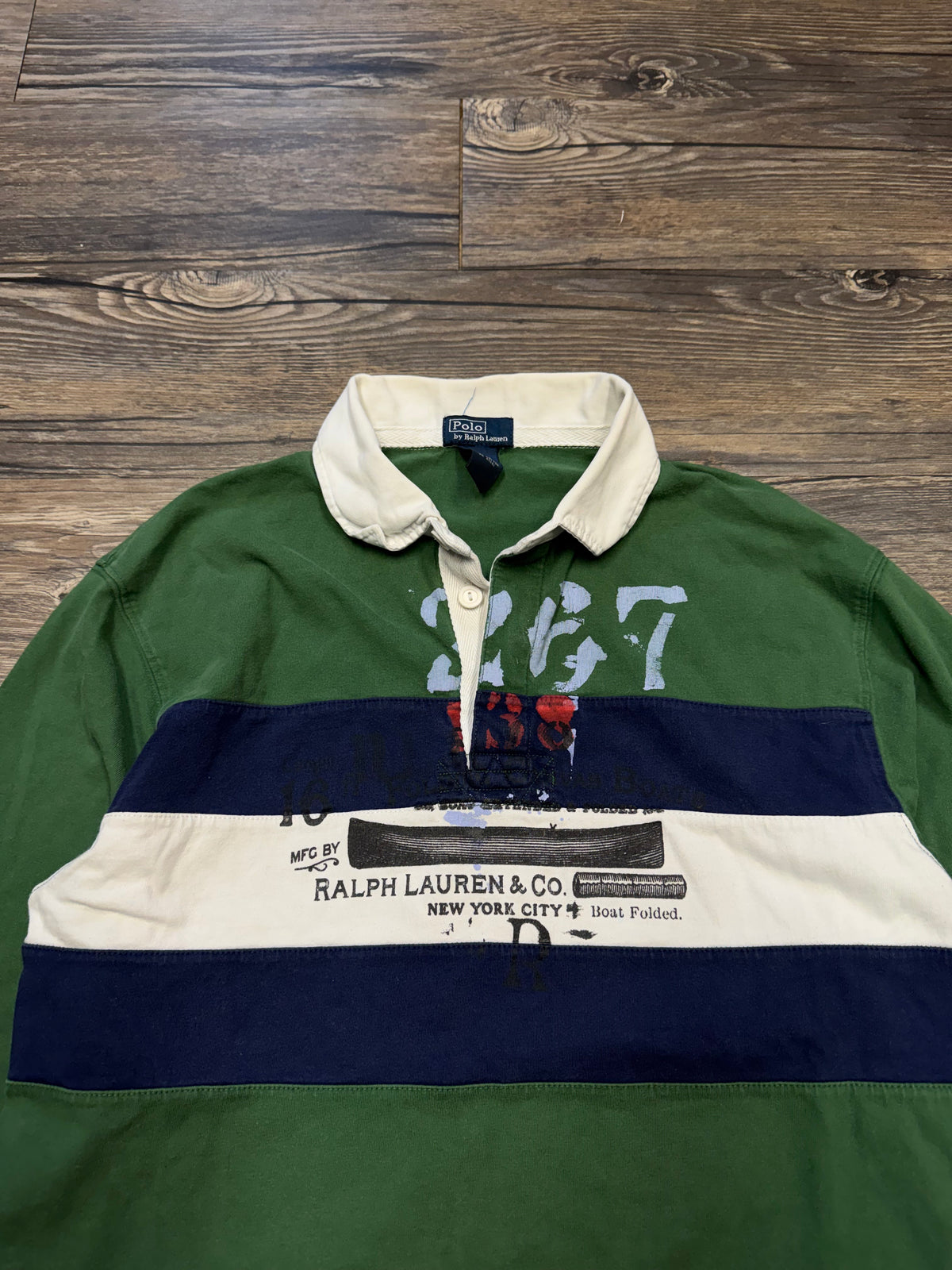 POLO RALPH LAUREN NYC STRIPED FOREST GREEN RUGBY SHIRT (S)