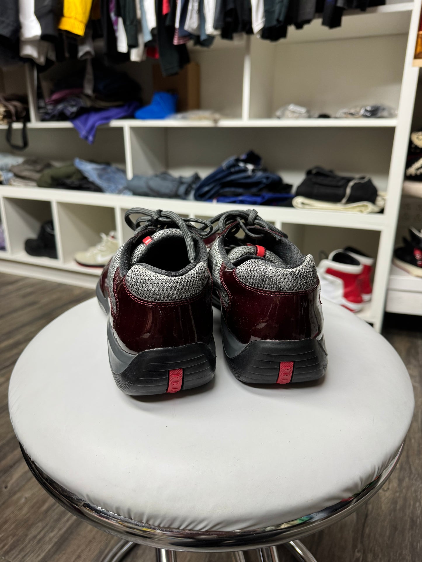 PRADA WINE RED PATENT LEATHER CUPS (10.5)