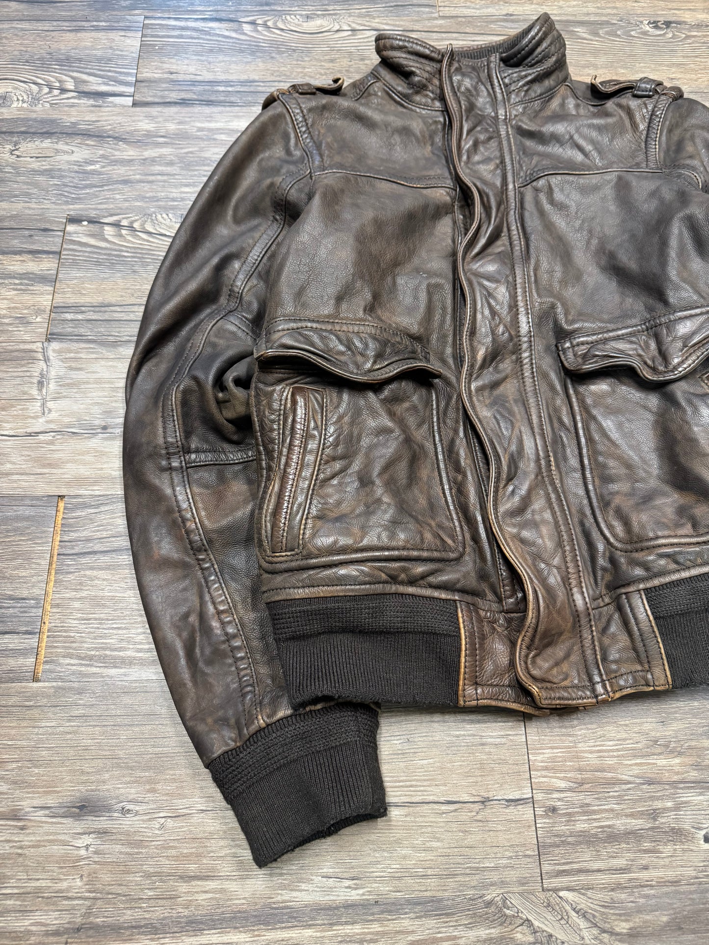 ABERCROMBIE & FITCH 80s SLANT ROCK PLAID LINED FLIGHT LEATHER JACKET (L)