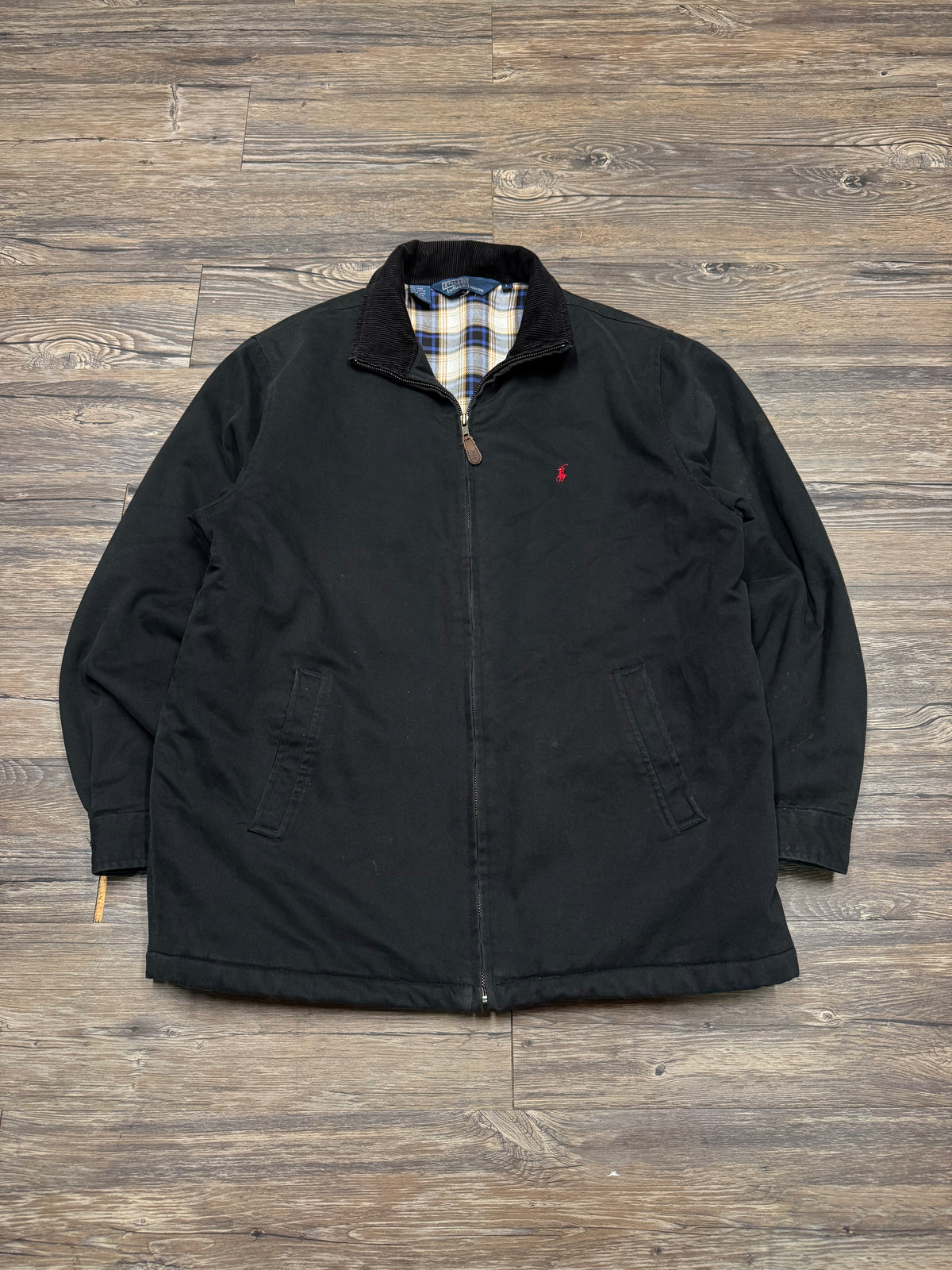 POLO RALPH LAUREN PLAID LINED CHARCOAL SHORE COAT (L)