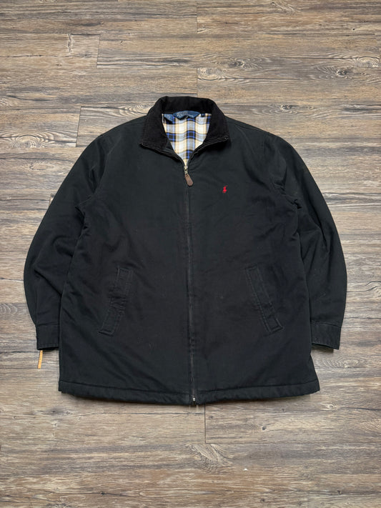 POLO RALPH LAUREN PLAID LINED CHARCOAL SHORE COAT (L)