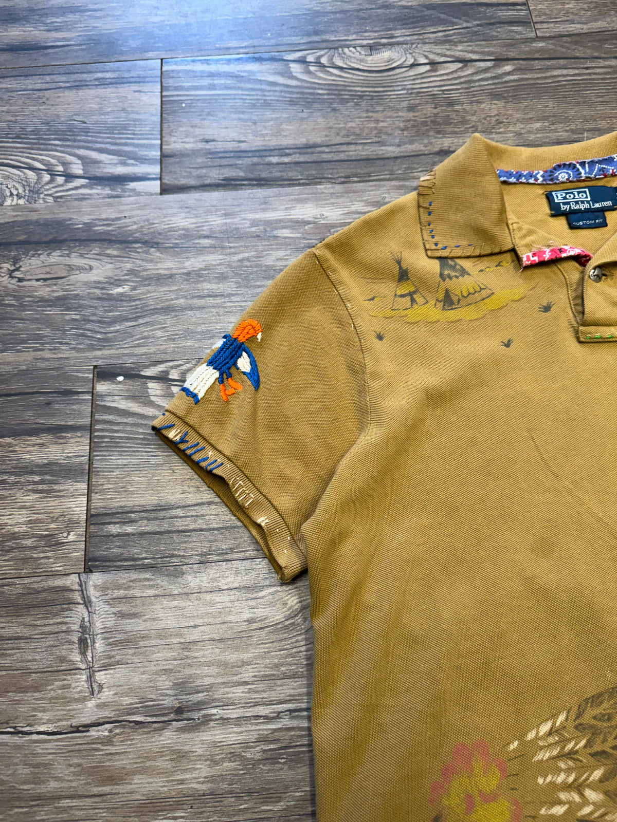 POLO RALPH LAUREN NATIVE AMERICAN SASHIKO STITCH STENCIL POLO SHIRT (M)