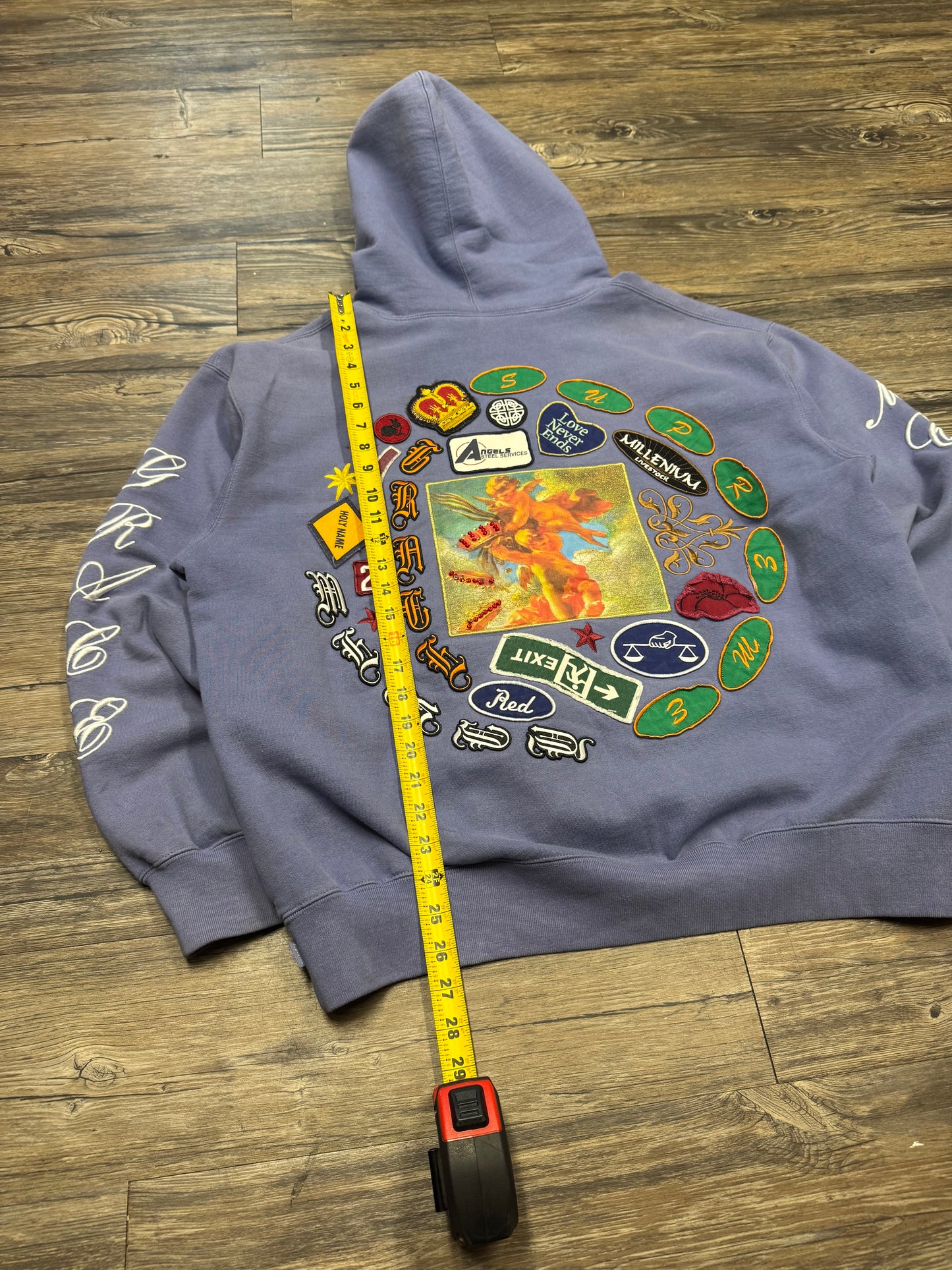SUPREME SPIRAL PATCHES BLUE HOODIE (L)