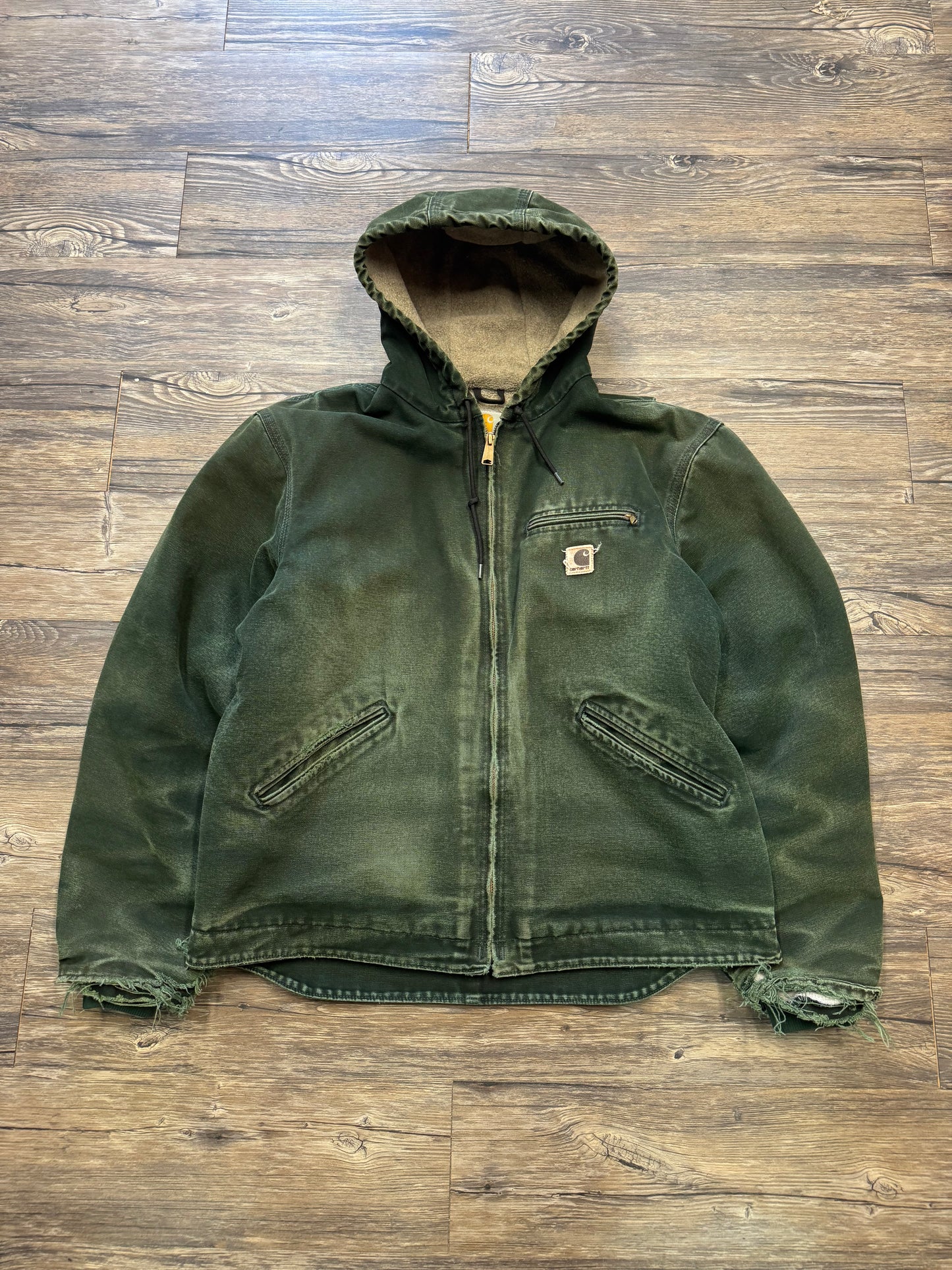 VINTAGE GREEN CARHARTT SHEARLING LINED HOODED JACKET (L)