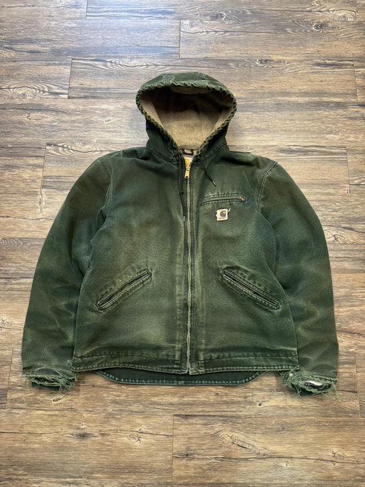 VINTAGE GREEN CARHARTT SHEARLING LINED HOODED JACKET (L)