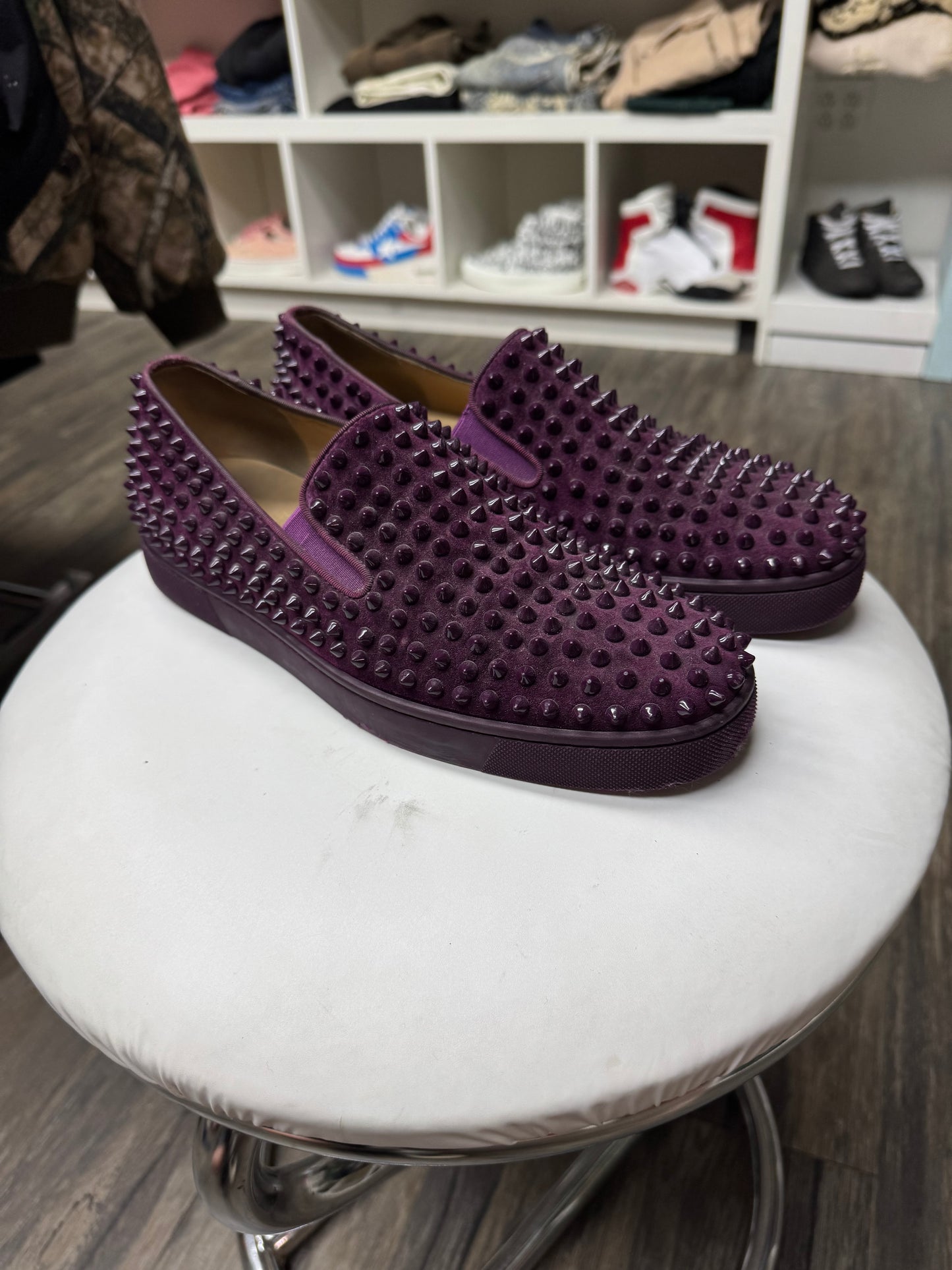 LOU BOUTIN RED BOTTOM ROLLER BOAT ‘MERLOT’ FLAT LOAFERS