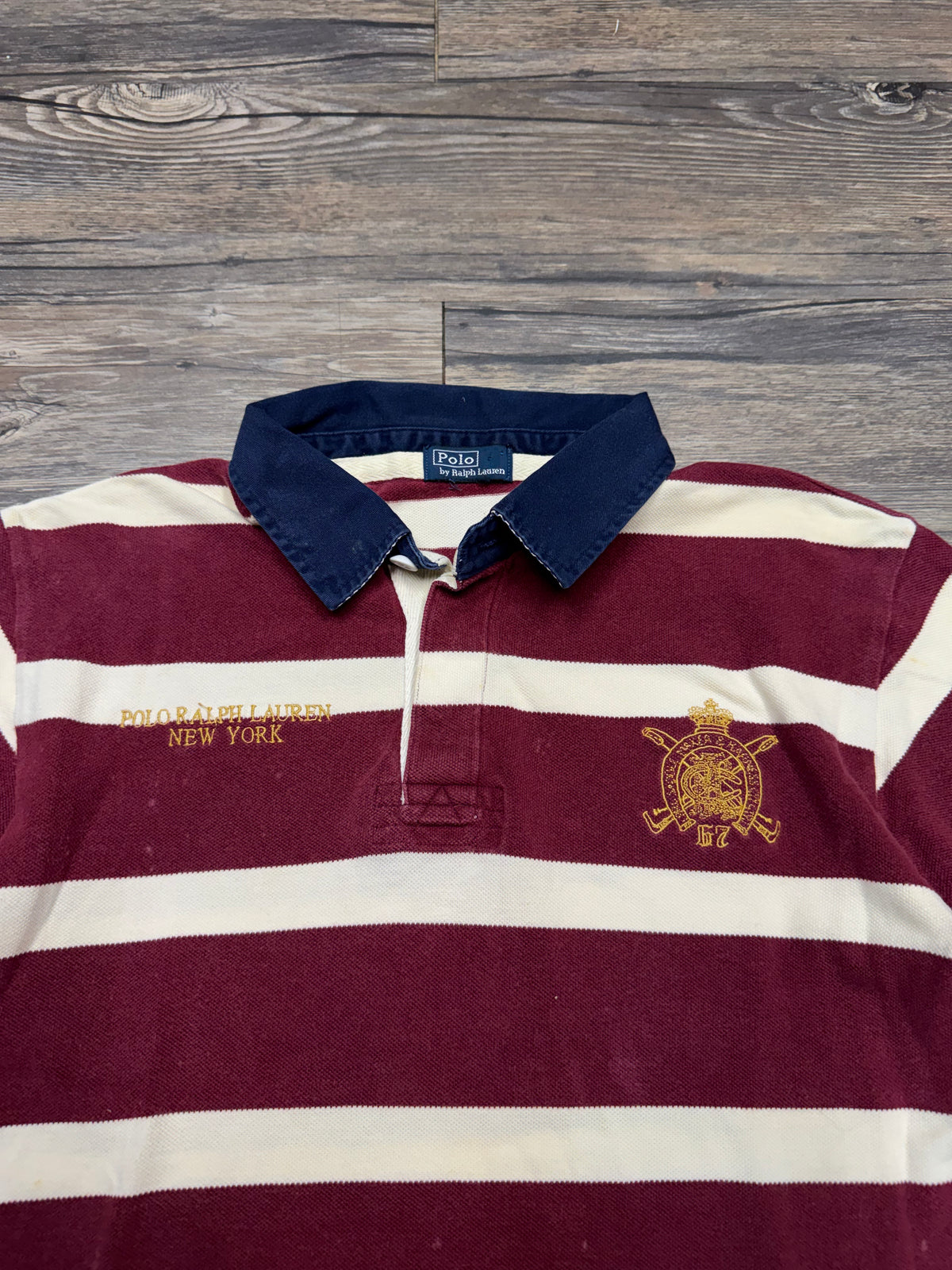 POLO RALPH LAUREN STRIPED MAROON NEW YORK POLO SHIRT (S)