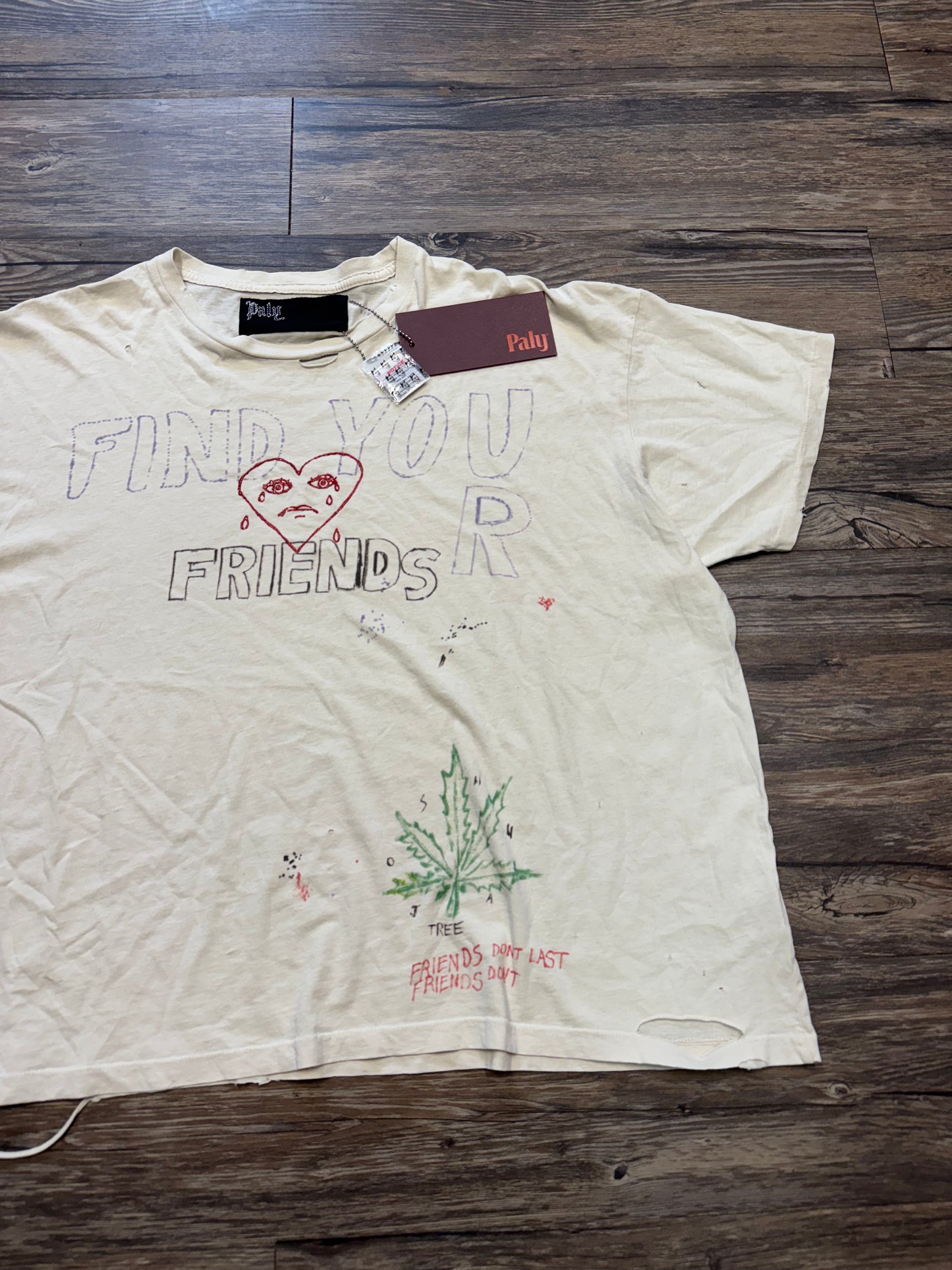 PALY HOLLYWOOD FIND YOUR FRIENDS DISTRESSED CREAM T-SHIRT (M)