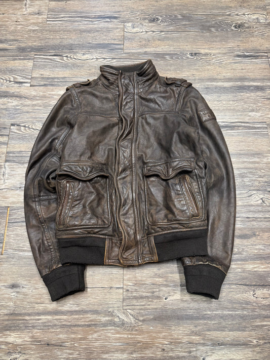 ABERCROMBIE & FITCH 80s SLANT ROCK PLAID LINED FLIGHT LEATHER JACKET (L)