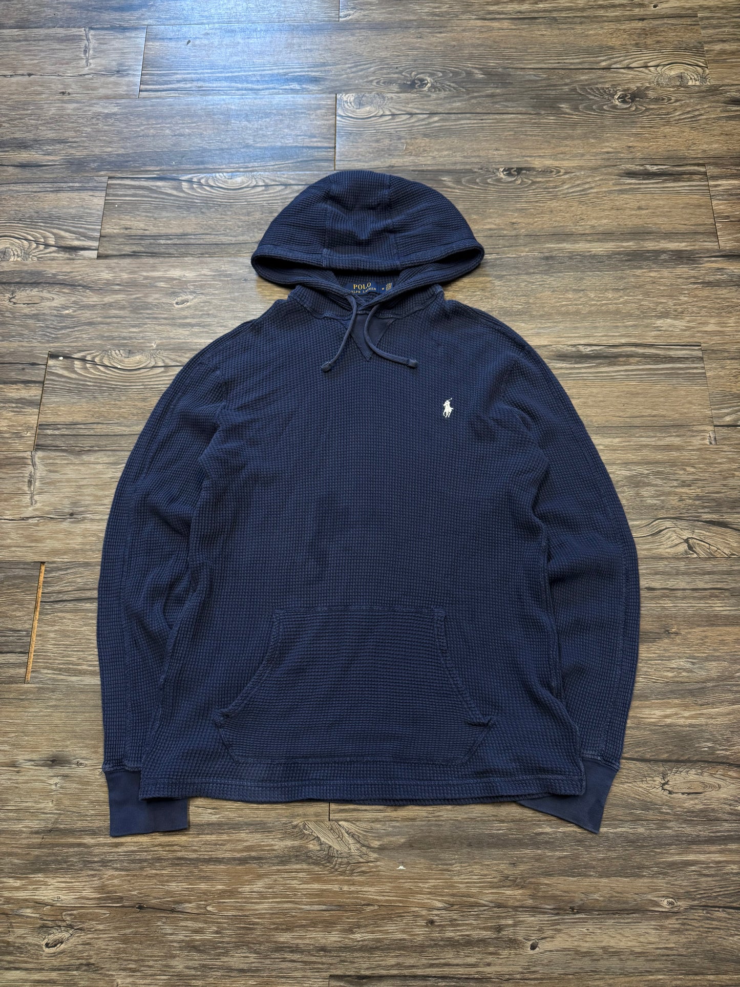 POLO RALPH LAUREN NAVY WAFFLE-KNIT HOODIE (M)