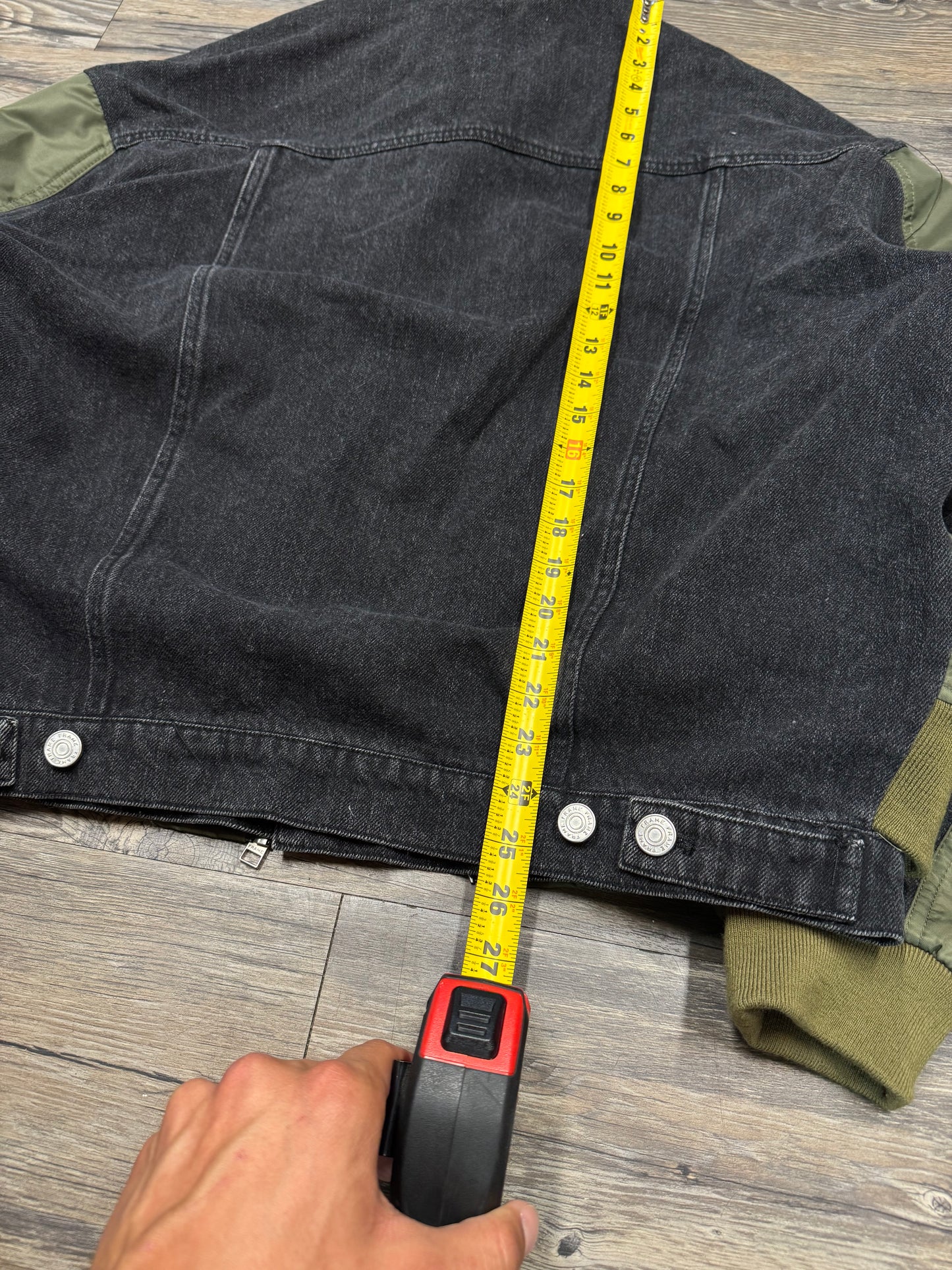 FRAME DOUBLE LAYERED DENIM/NYLON BOMBER JACKET (L)
