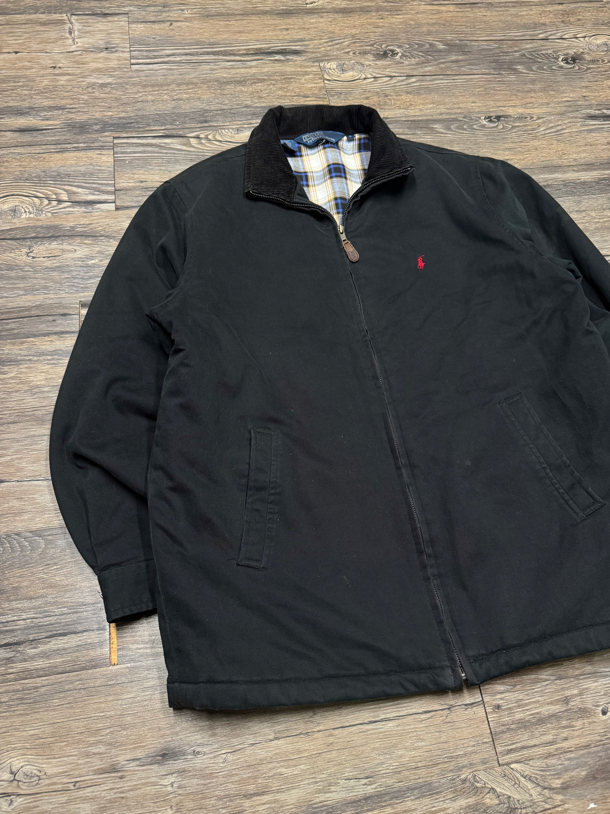 POLO RALPH LAUREN PLAID LINED CHARCOAL SHORE COAT (L)