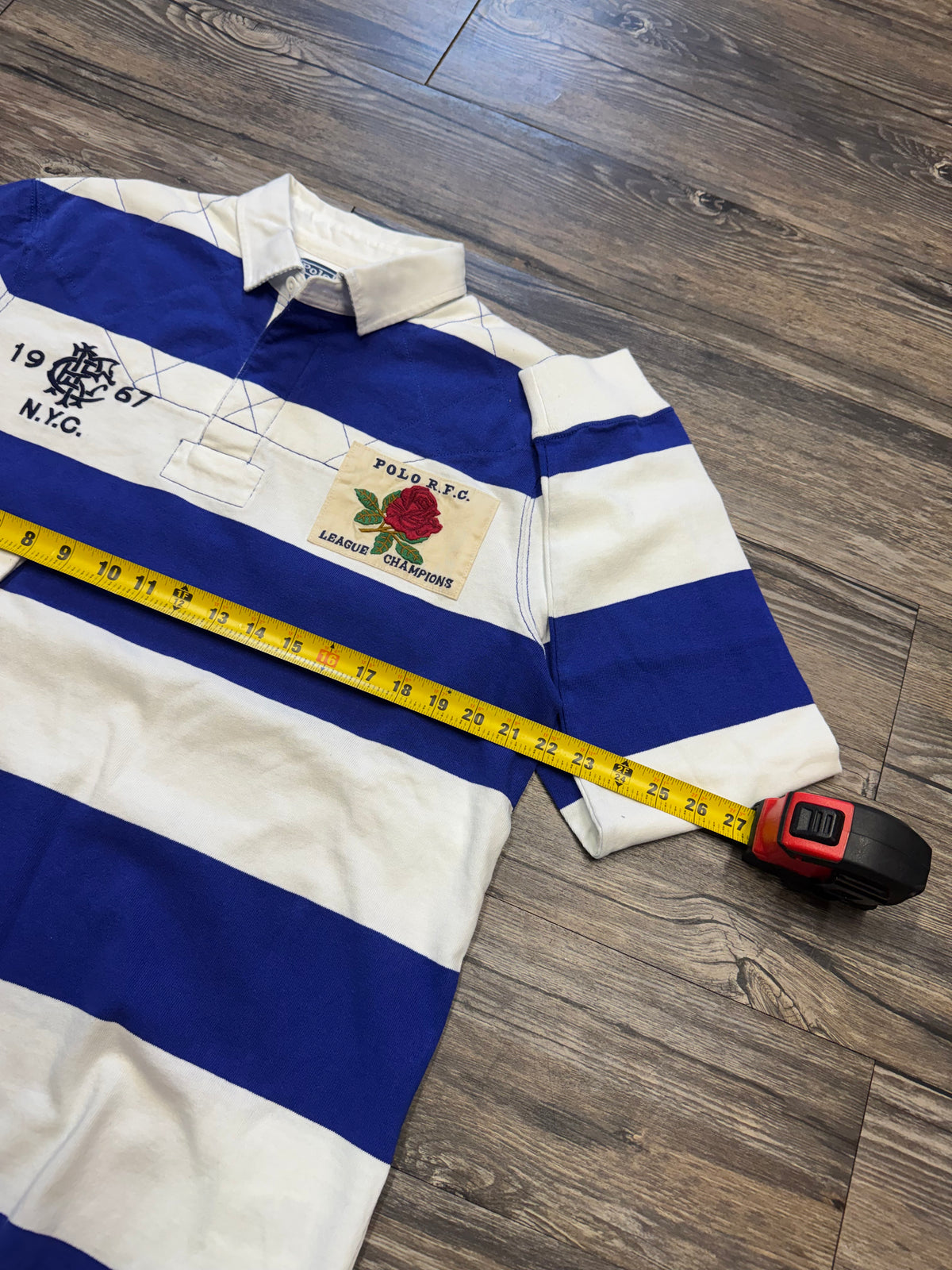 POLO RALPH LAUREN ROSE PATCH STRIPED ROYAL BLUE RUGBY SHIRT (M)