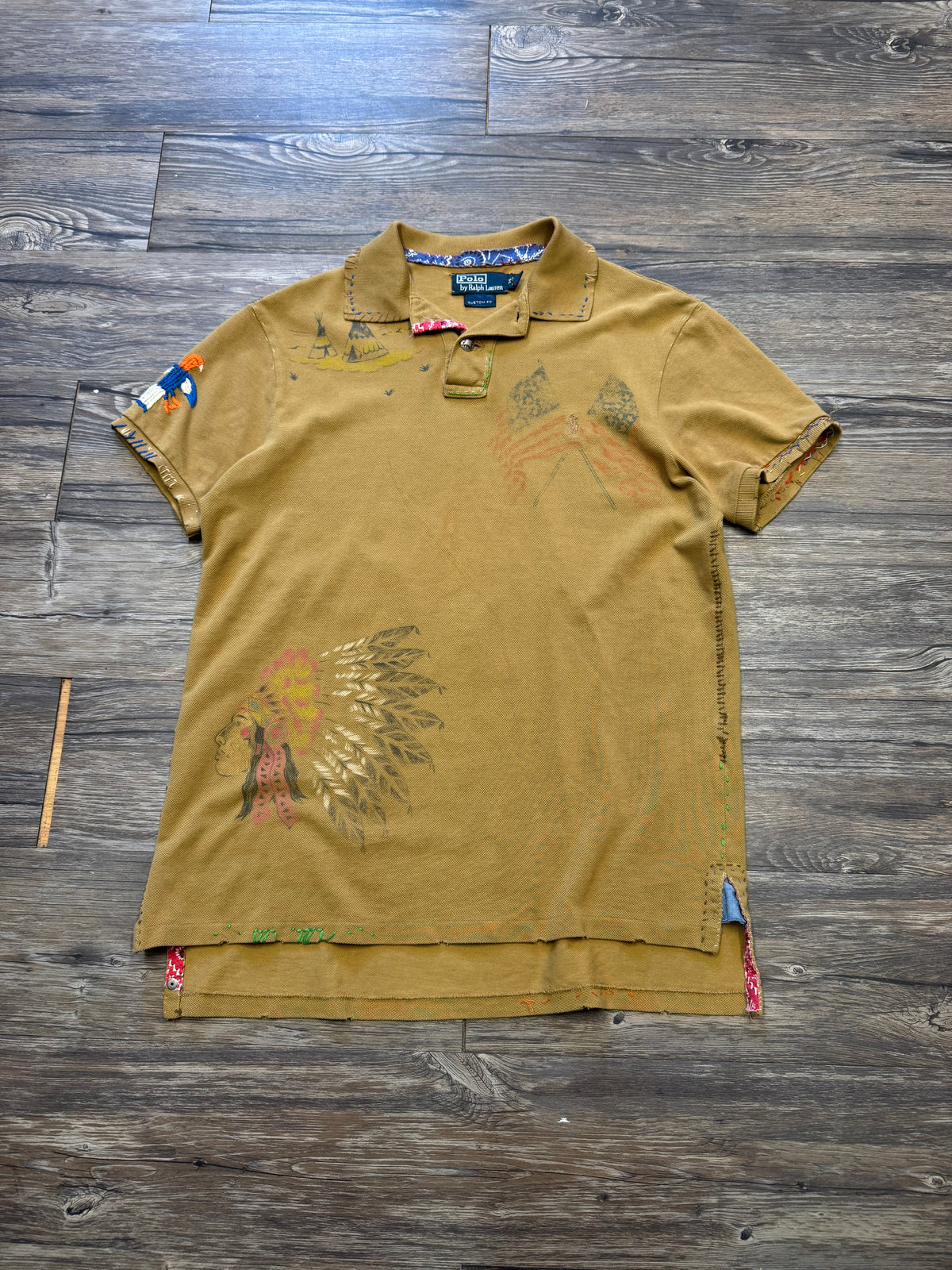 POLO RALPH LAUREN NATIVE AMERICAN SASHIKO STITCH STENCIL POLO SHIRT (M)