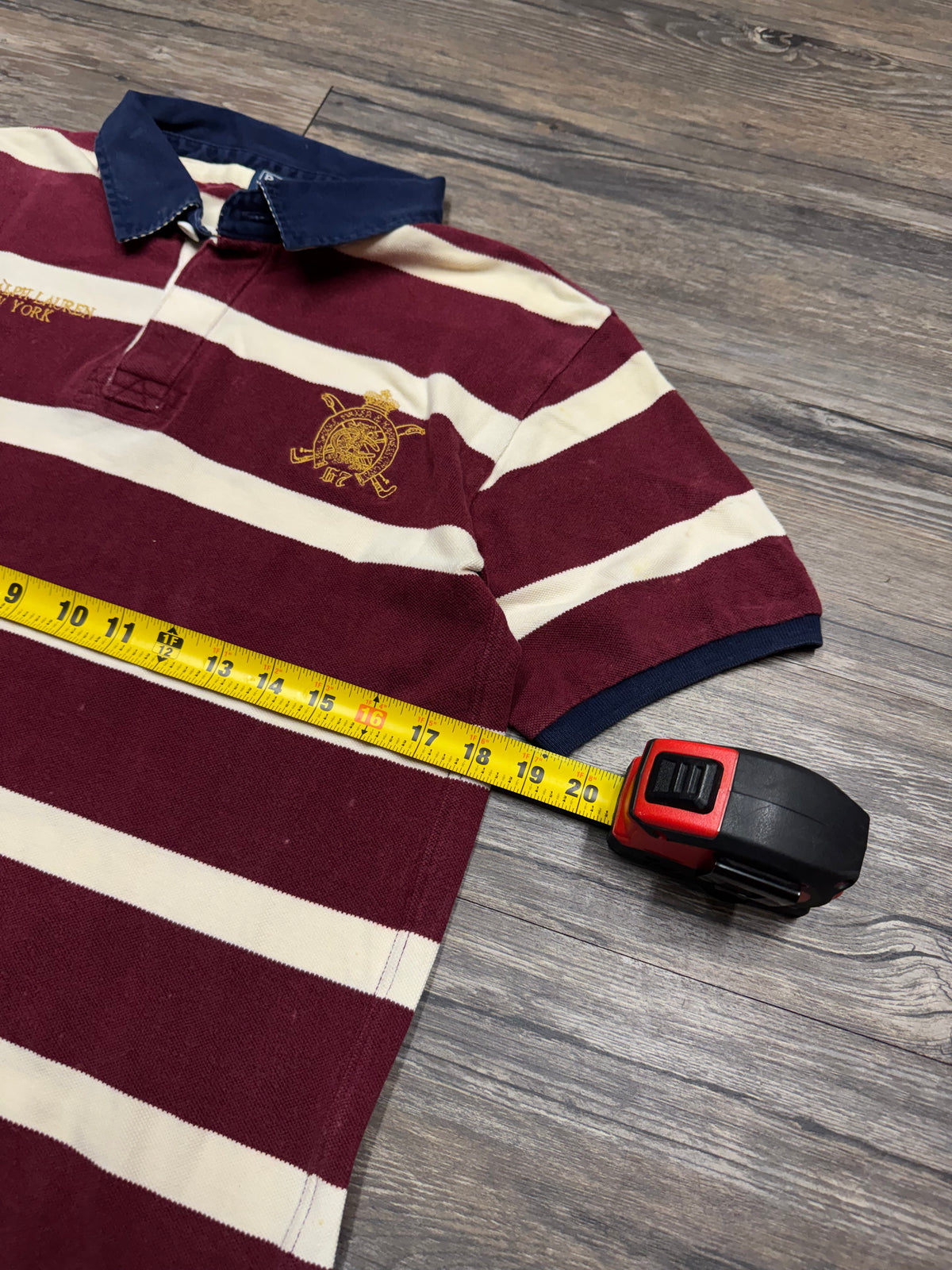 POLO RALPH LAUREN STRIPED MAROON NEW YORK POLO SHIRT (S)