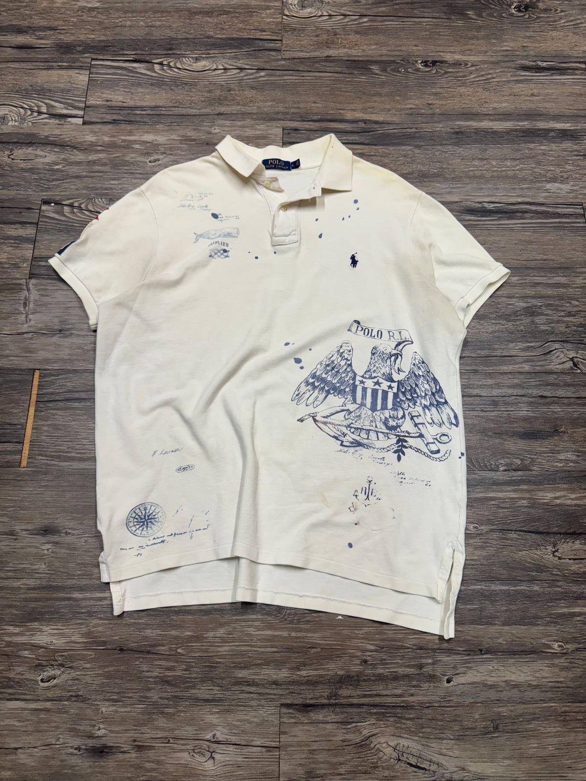 POLO RALPH LAUREN NAVAL STENCIL PRINT POLO SHIRT (L)