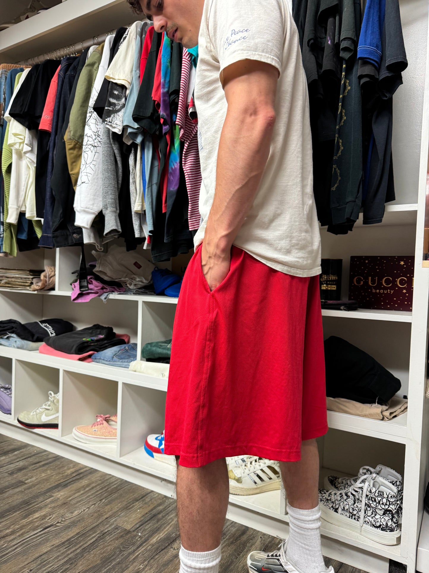 BALENCIAGA DOUBLE WAISTED MESH GYM SHORTS (M)