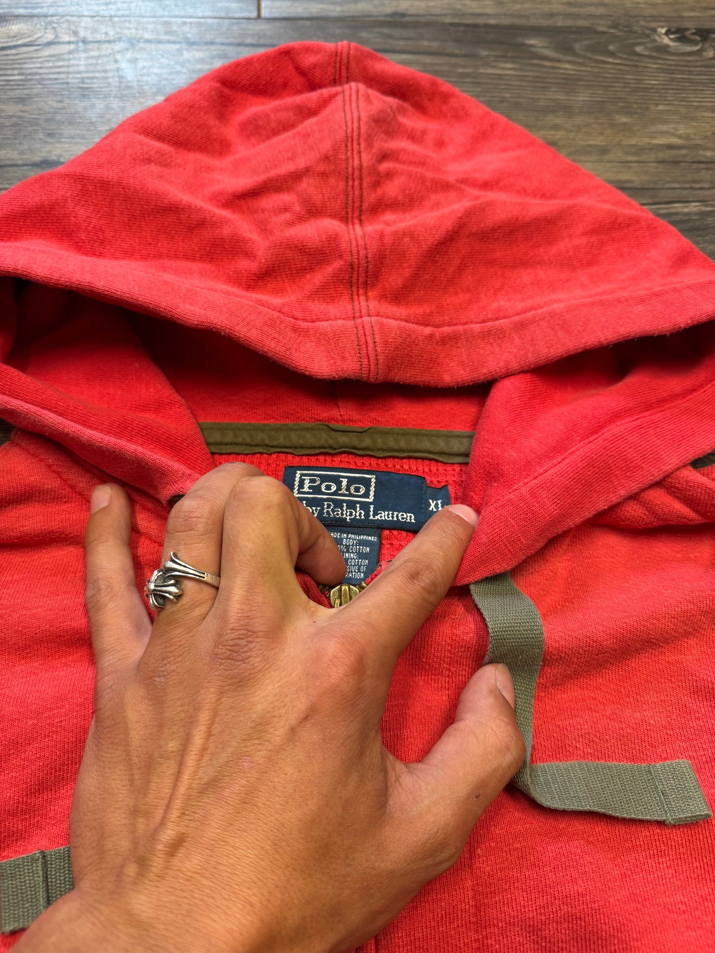 POLO RALPH LAUREN RED VINTAGE WAFFLE ARMY ZIP-UP HOODIE (XL)