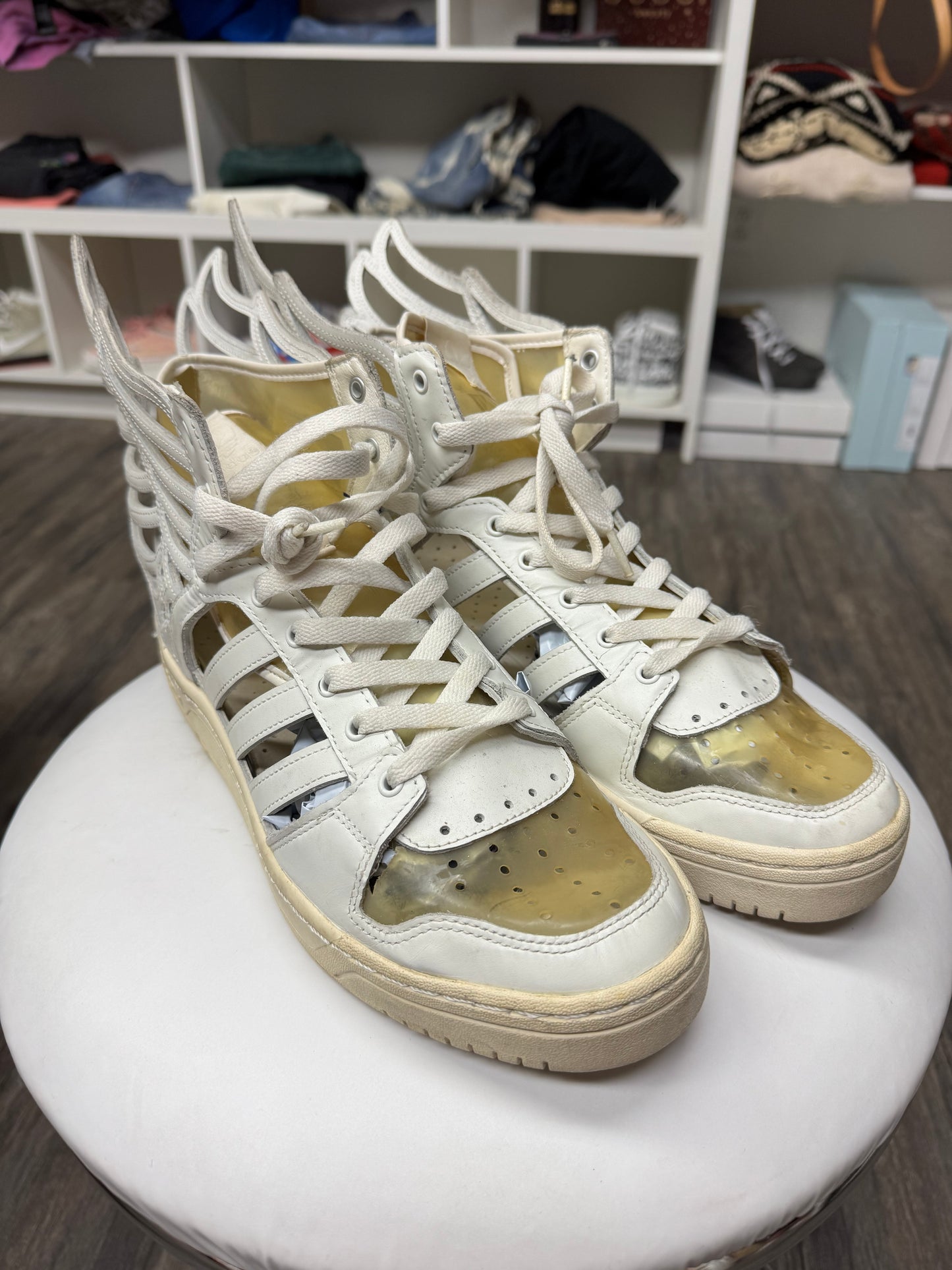 JEREMY SCOTT X ADIDAS CUT OUT HI-TOP SNEAKERS (10.5)