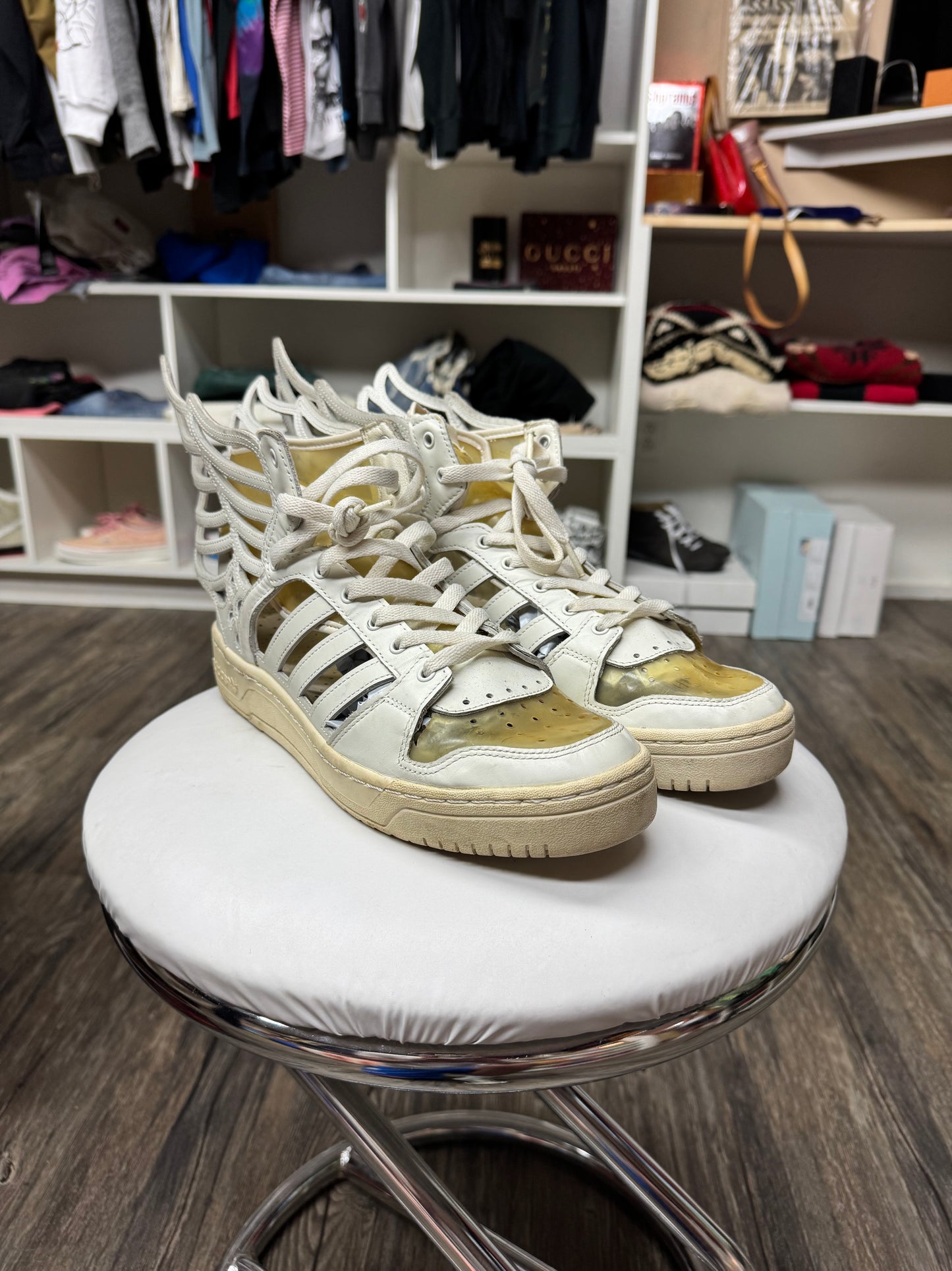 JEREMY SCOTT X ADIDAS CUT OUT HI-TOP SNEAKERS (10.5)
