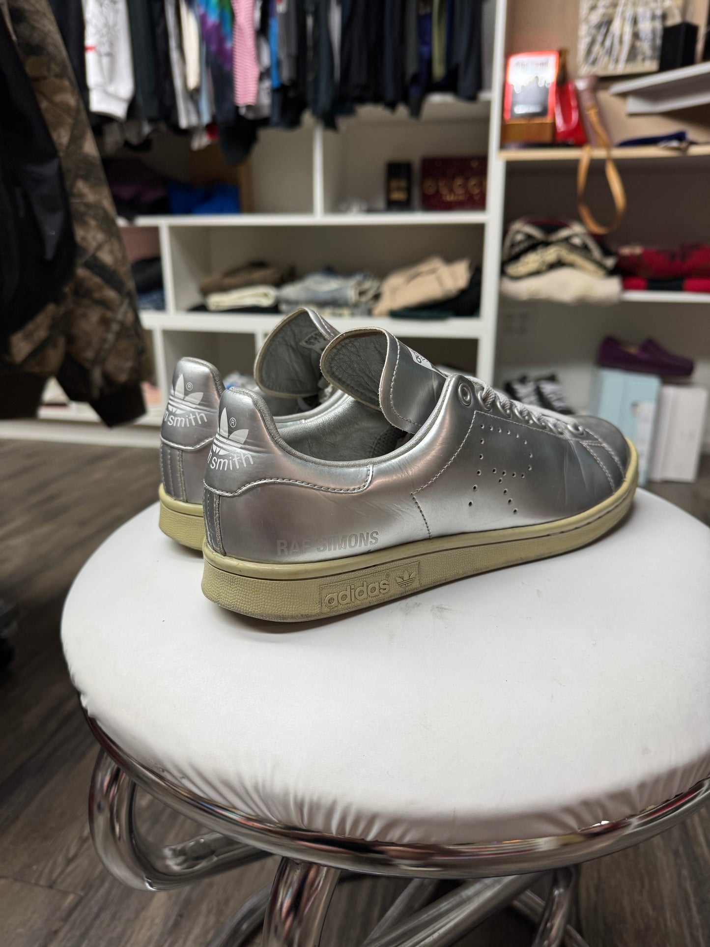 RAF SIMONS X STAN SMITHS METALLIC LOW TOP SNEAKERS (8.5)