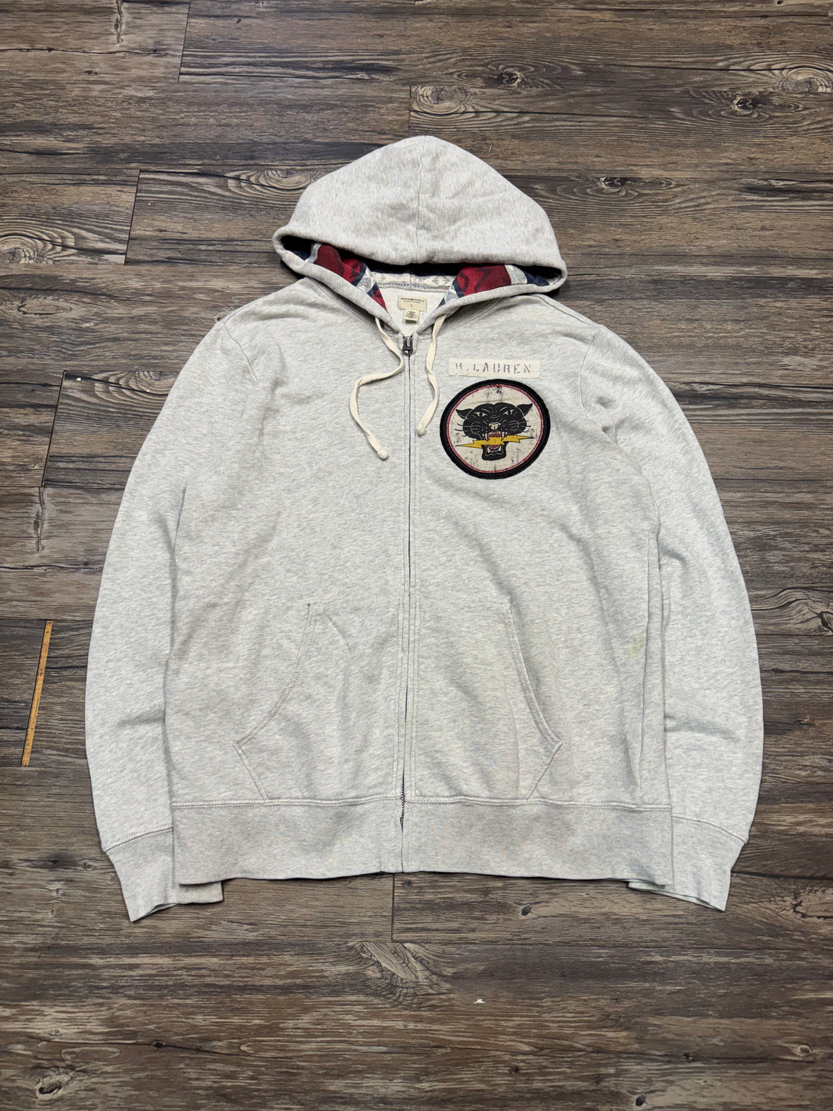 POLO RALPH LAUREN PUMA PATCH TARTAN HOODED ZIP UP SWEATSHIRT (L)