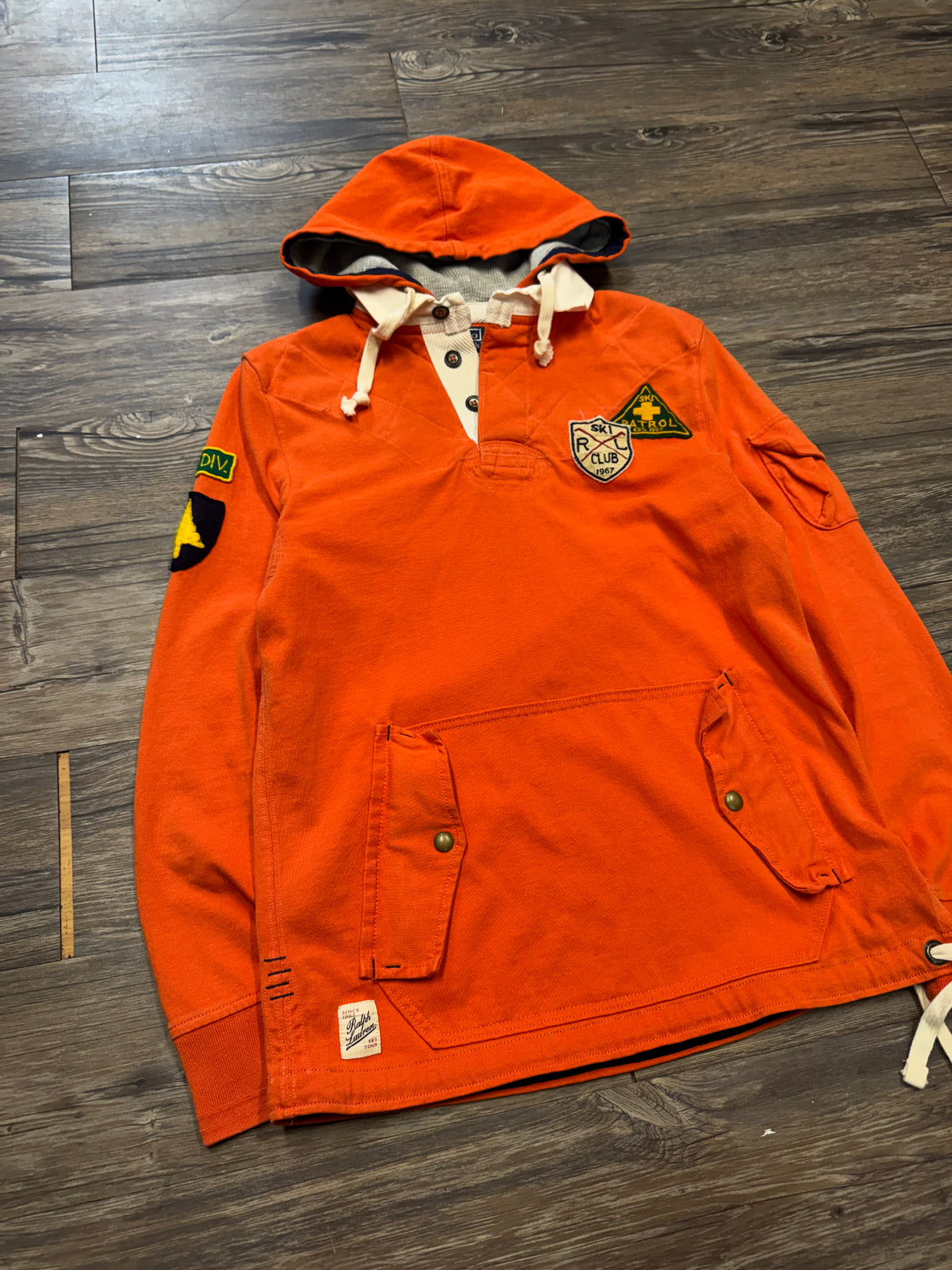 POLO RALPH LAUREN SKIT PATROL HENLEY PATCHWORK HOODED SWEATSHIRT (S)