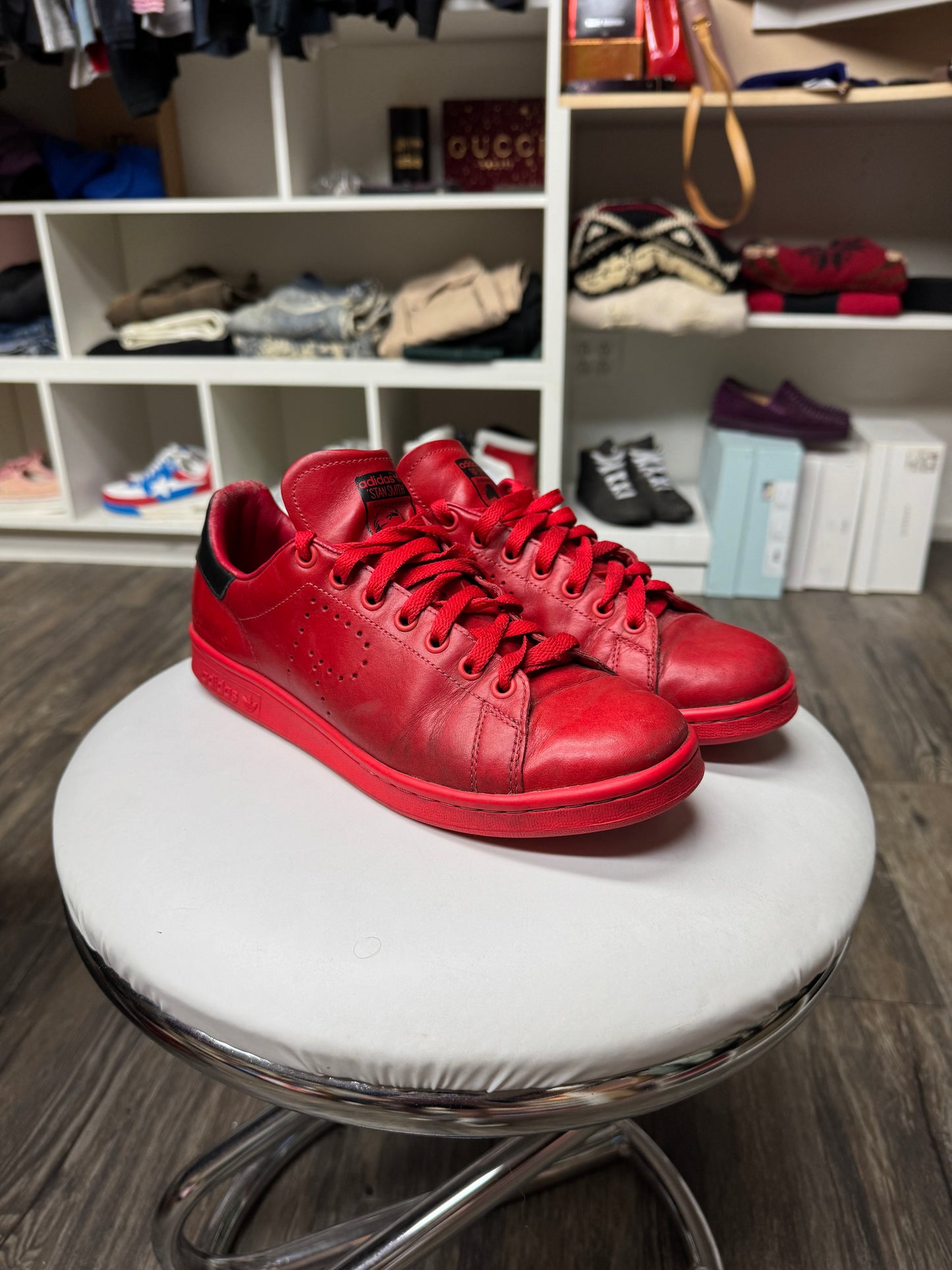 RAF SIMONS X STAN SMITHS SATIN RED LOW TOP SNEAKER (8.5)