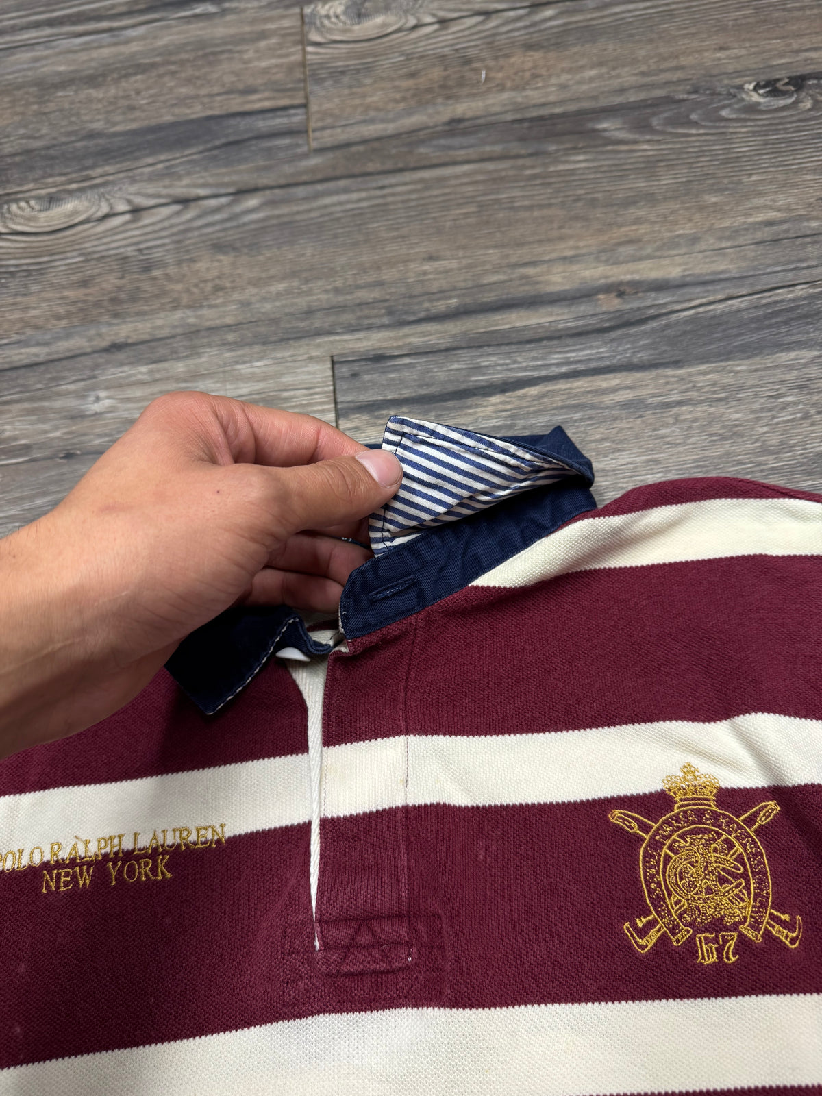 POLO RALPH LAUREN STRIPED MAROON NEW YORK POLO SHIRT (S)