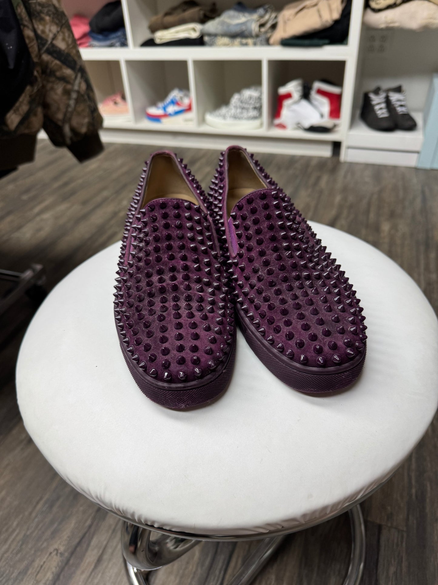 LOU BOUTIN RED BOTTOM ROLLER BOAT ‘MERLOT’ FLAT LOAFERS