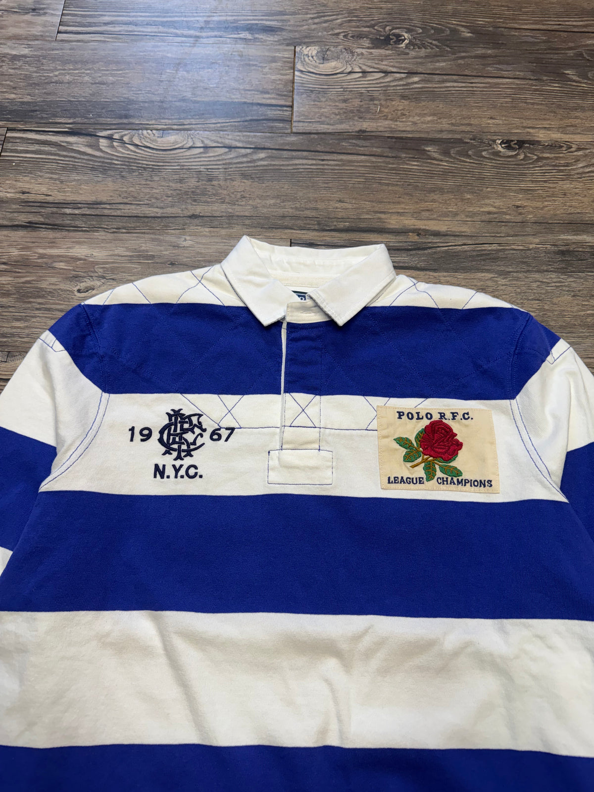POLO RALPH LAUREN ROSE PATCH STRIPED ROYAL BLUE RUGBY SHIRT (M)