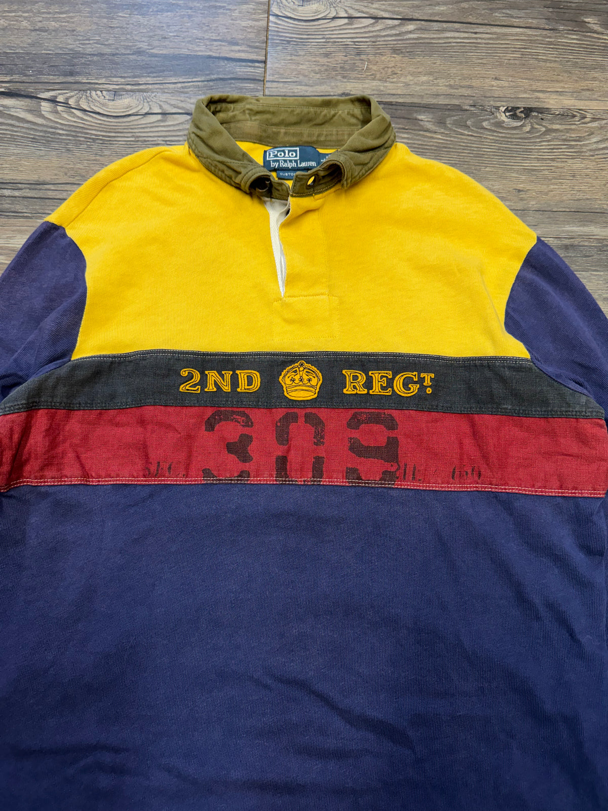 POLO RALPH LAUREN ‘2ND REGT’ COLOR BLOCKED RUGBY SHIRT (L)