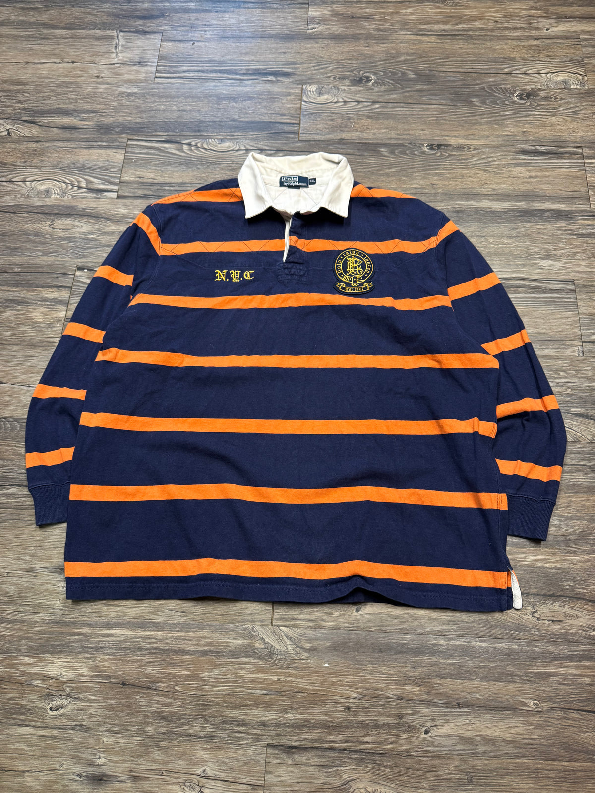 POLO RALPH LAUREN STRIPED NYC SCRIPT RUGBY SHIRT (XXL)