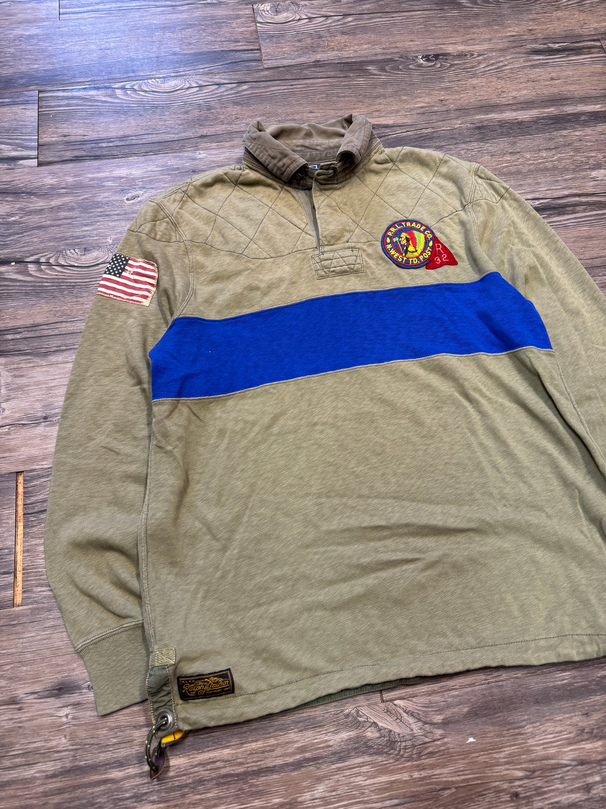 POLO RALPH LAUREN NATIVE AMERICAN PATCH OLIVE RUGBY SHIRT (L)