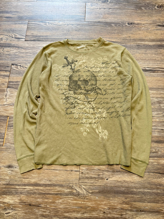 MACHINE Y2K SAGE GREEN SCRIPT SKULL WAFFLE LONGSLEEVE (L)