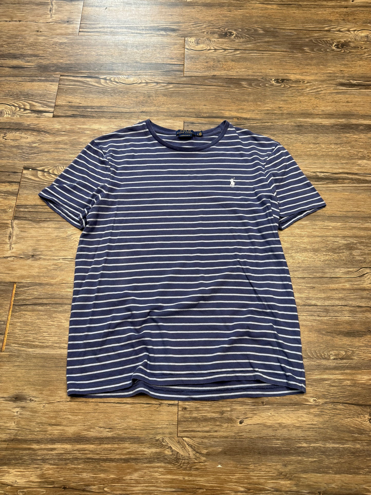 POLO RALPH LAUREN NAVY BLUE STRIPED CREW NECK T-SHIRT (L)