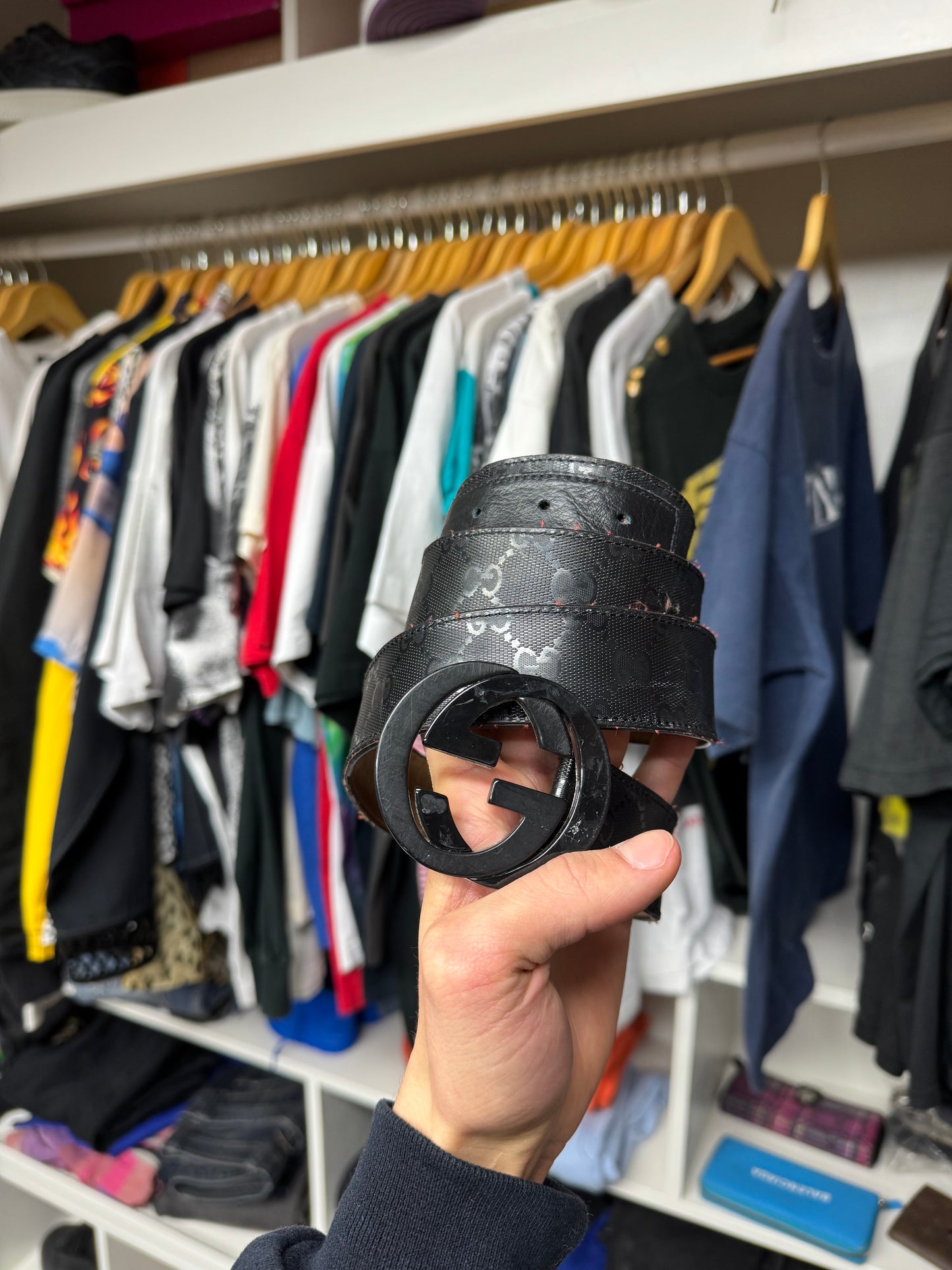 GUCCI MONOGRAM BLACK BELT WITH DOUBLE G BUCKLE