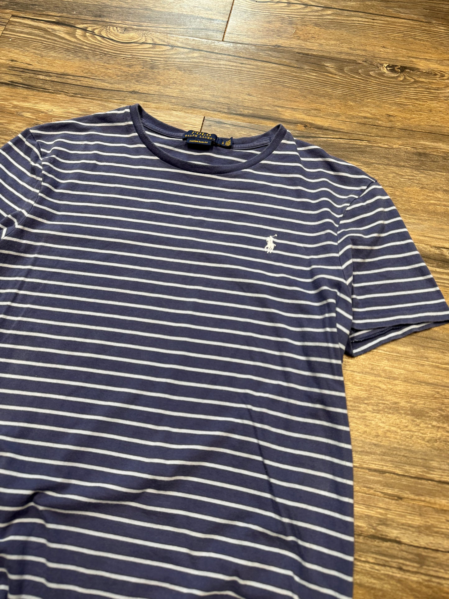 POLO RALPH LAUREN NAVY BLUE STRIPED CREW NECK T-SHIRT (L)