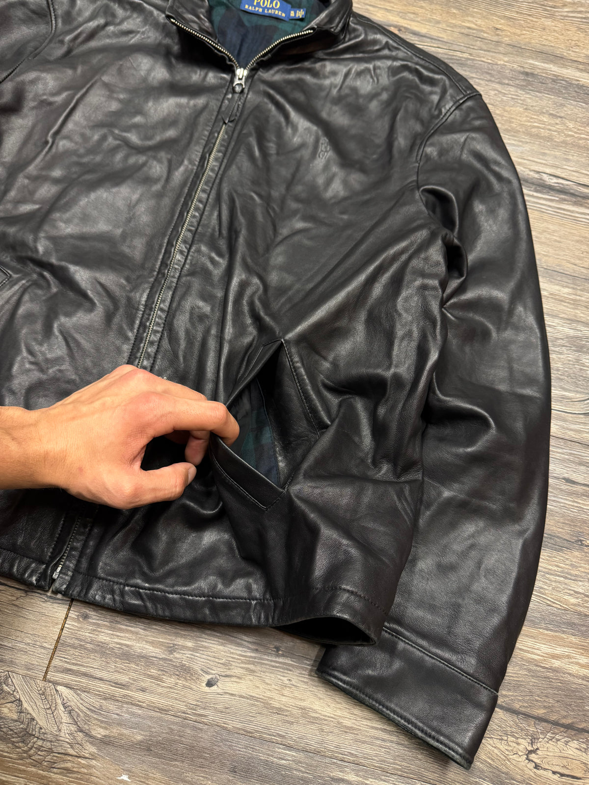 POLO RALPH LAUREN PLAID LINING LEATHER JACKET (XL)