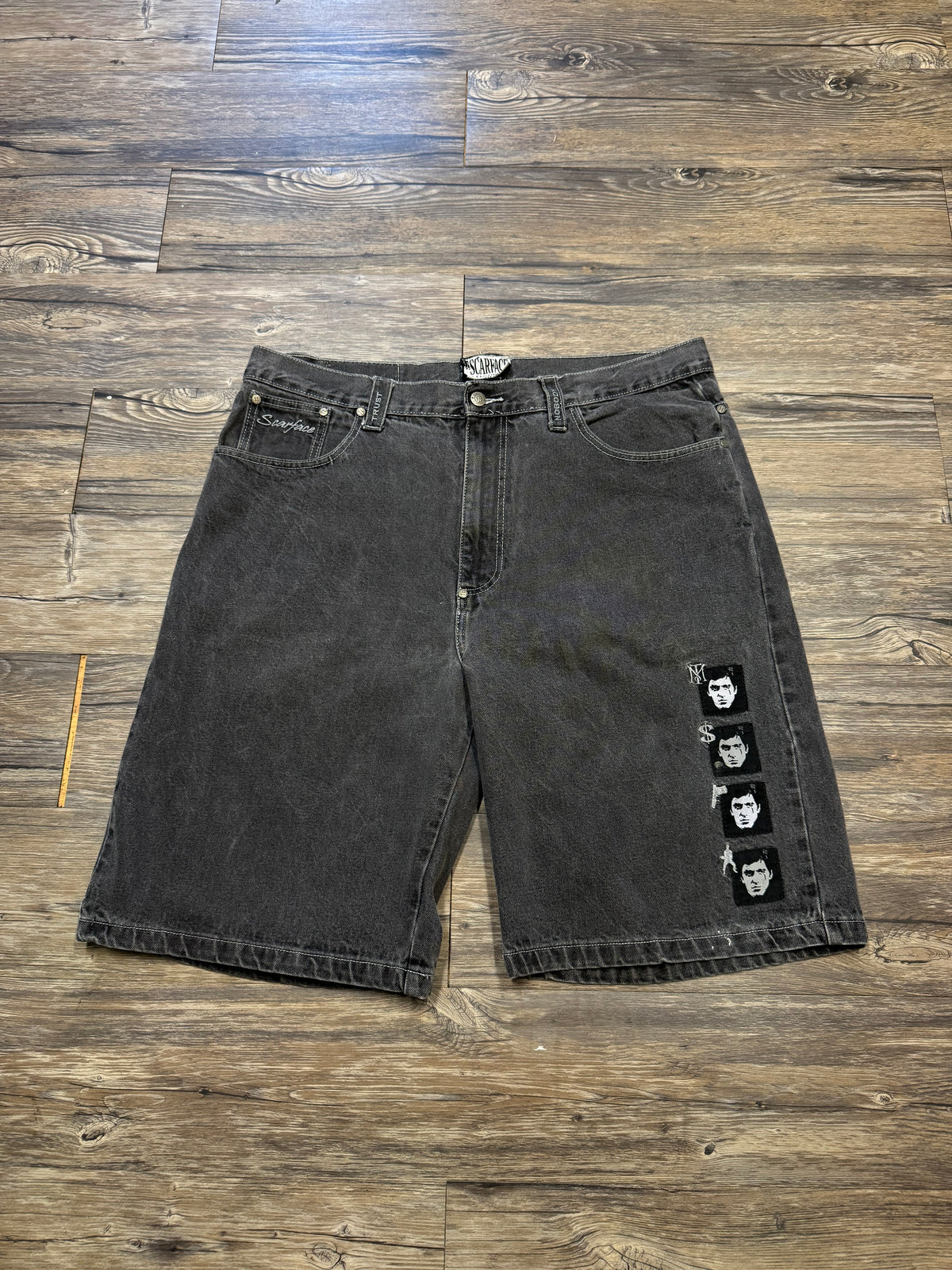 SCARFACE BAGGY DISTRESSED DENIM JORTS (36)