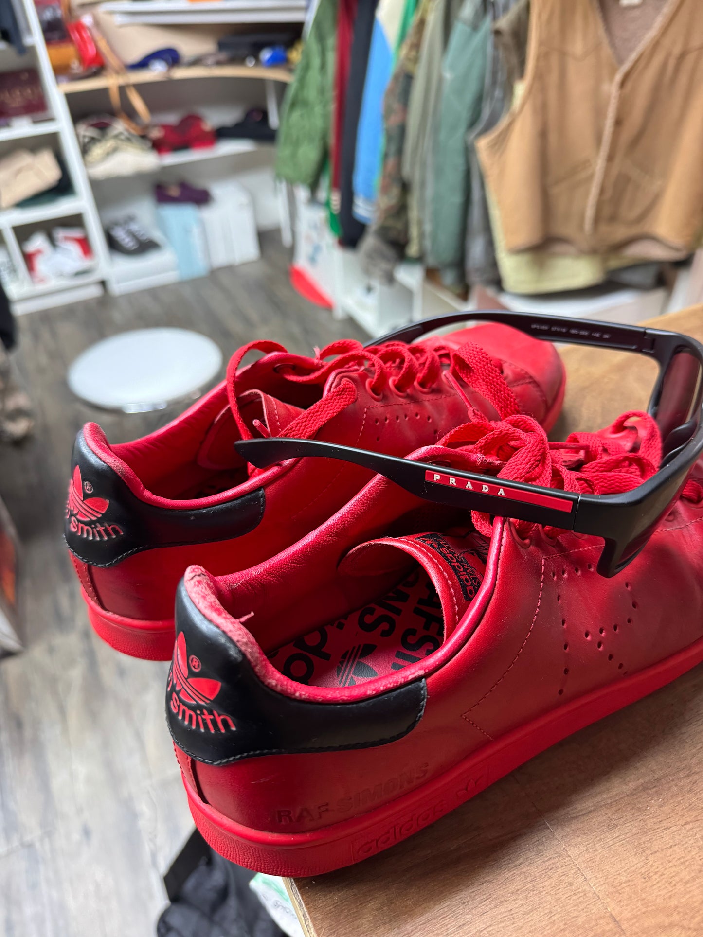 RAF SIMONS X STAN SMITHS SATIN RED LOW TOP SNEAKER (8.5)