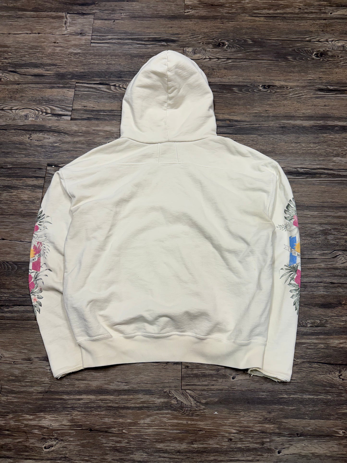 RHUDE VTG SAINT UNIVERSITY CREAM HOODED SWEATSHIRT (XS)