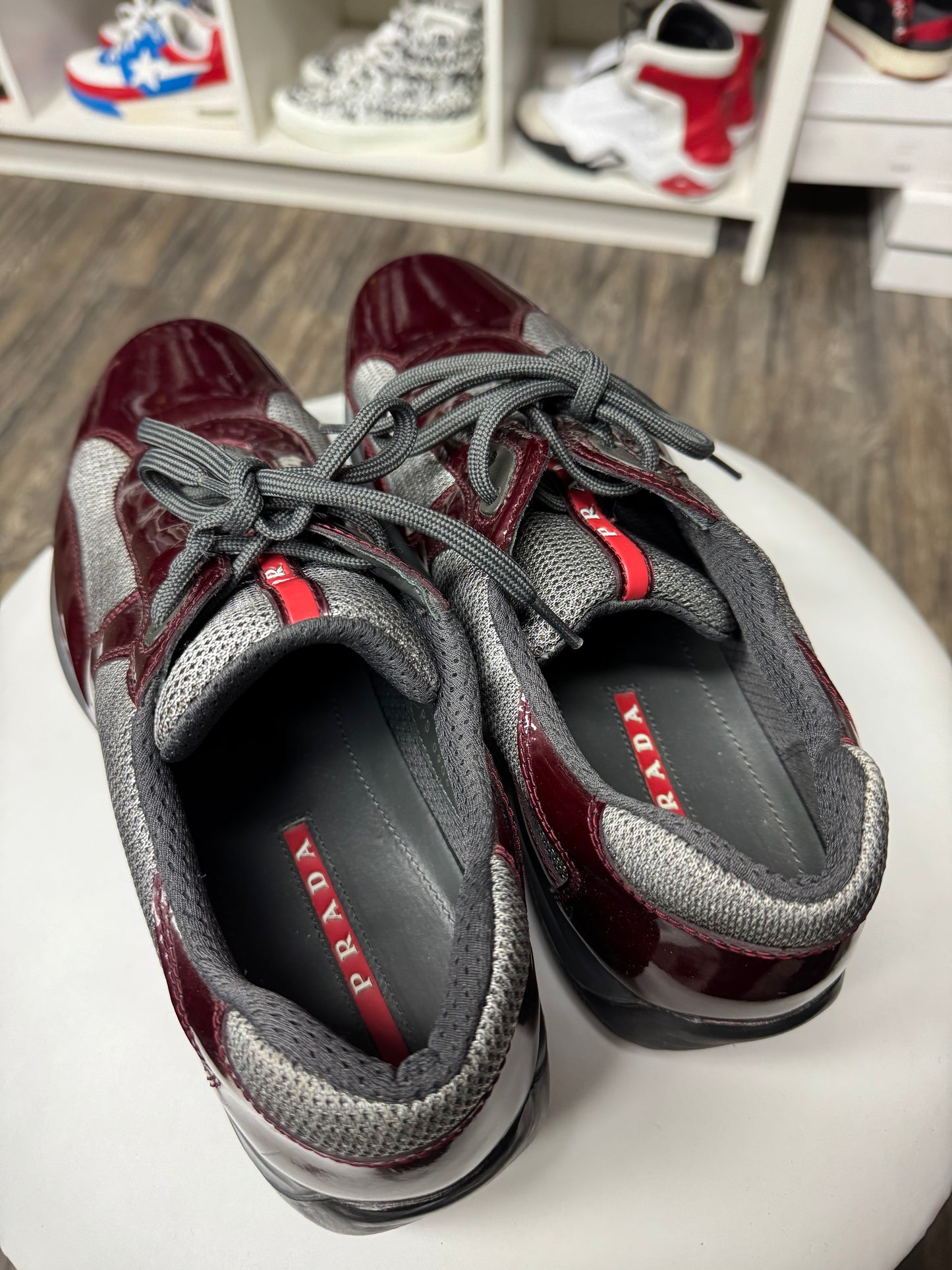 PRADA WINE RED PATENT LEATHER CUPS (10.5)
