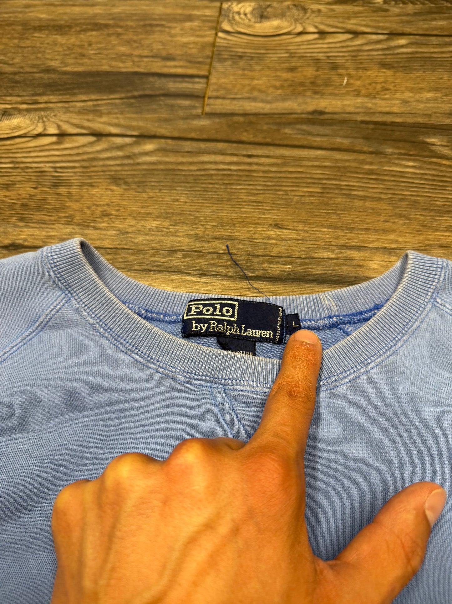 POLO RALPH LAUREN BABY BLUE 90s BOXY FADED CREWNECK (L)