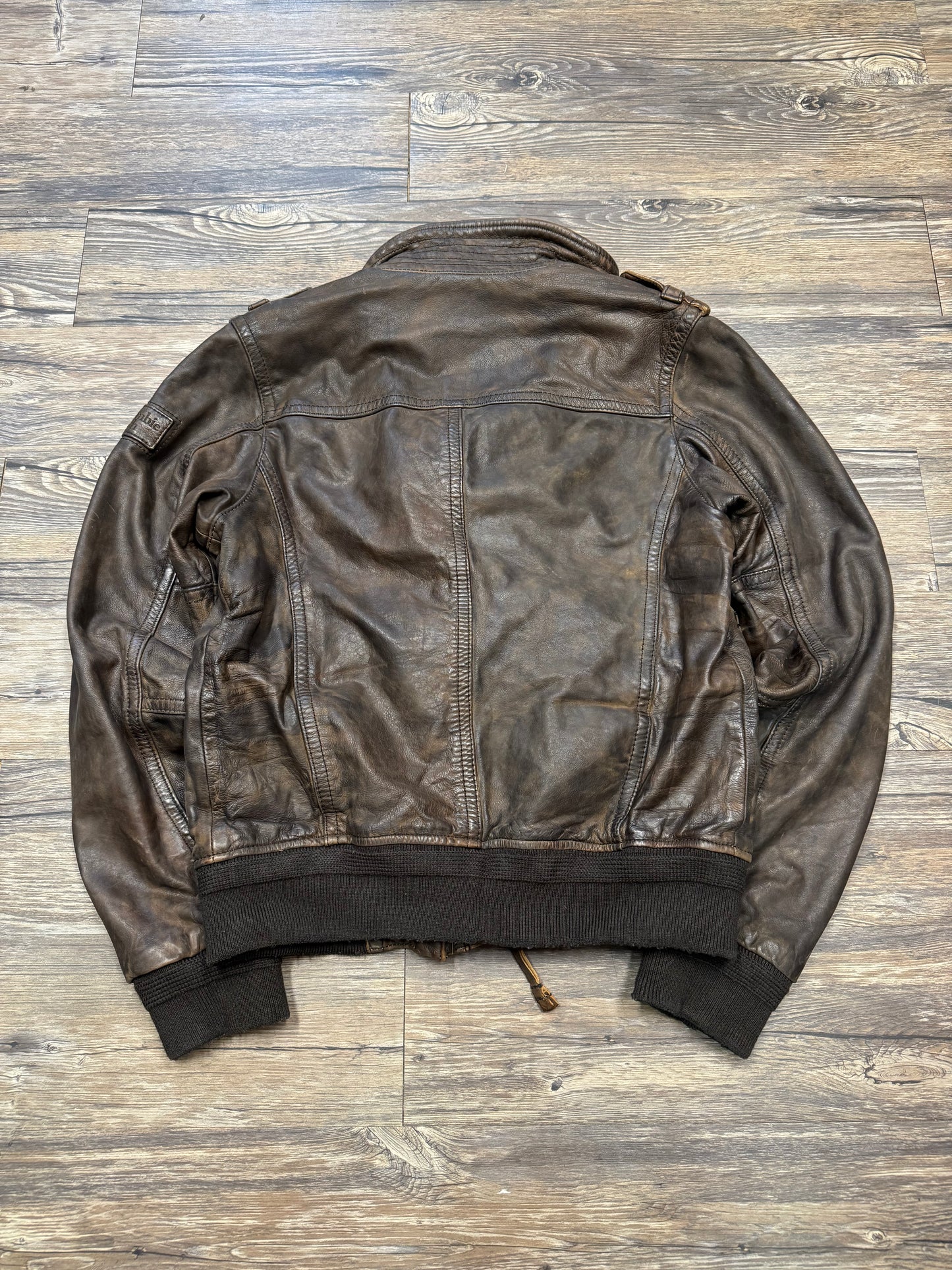 ABERCROMBIE & FITCH 80s SLANT ROCK PLAID LINED FLIGHT LEATHER JACKET (L)